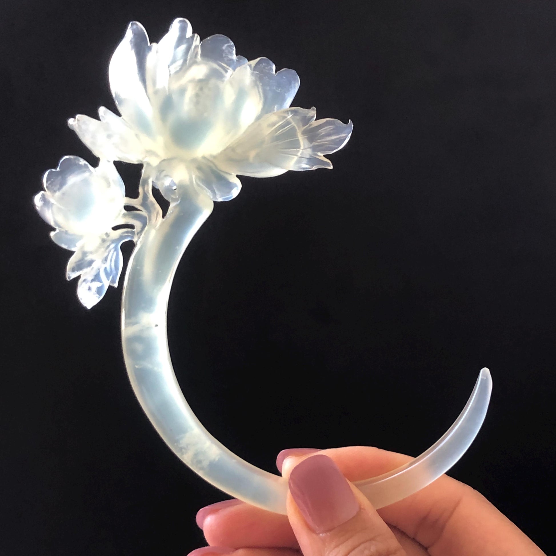 Xiu Jade Serpentine Hand Carved Peony Flower Hair Pin | Certified Natural Ice White Jade Crescent Moon Hair Stick | Handcrafted Hair Fork Bridal Wedding Headpiece gift for her japanese hairpin korean hair stick chinese hair fork vintage hair comb antique hair pins hanfu hair stick bridal shower hair jewelry wedding headpiece bridal shower gift engagement hair accessory jade carving hand engraved jade hand carved flower jade hairpins untreated natural jade certificate handcraft jade moon hairpin
