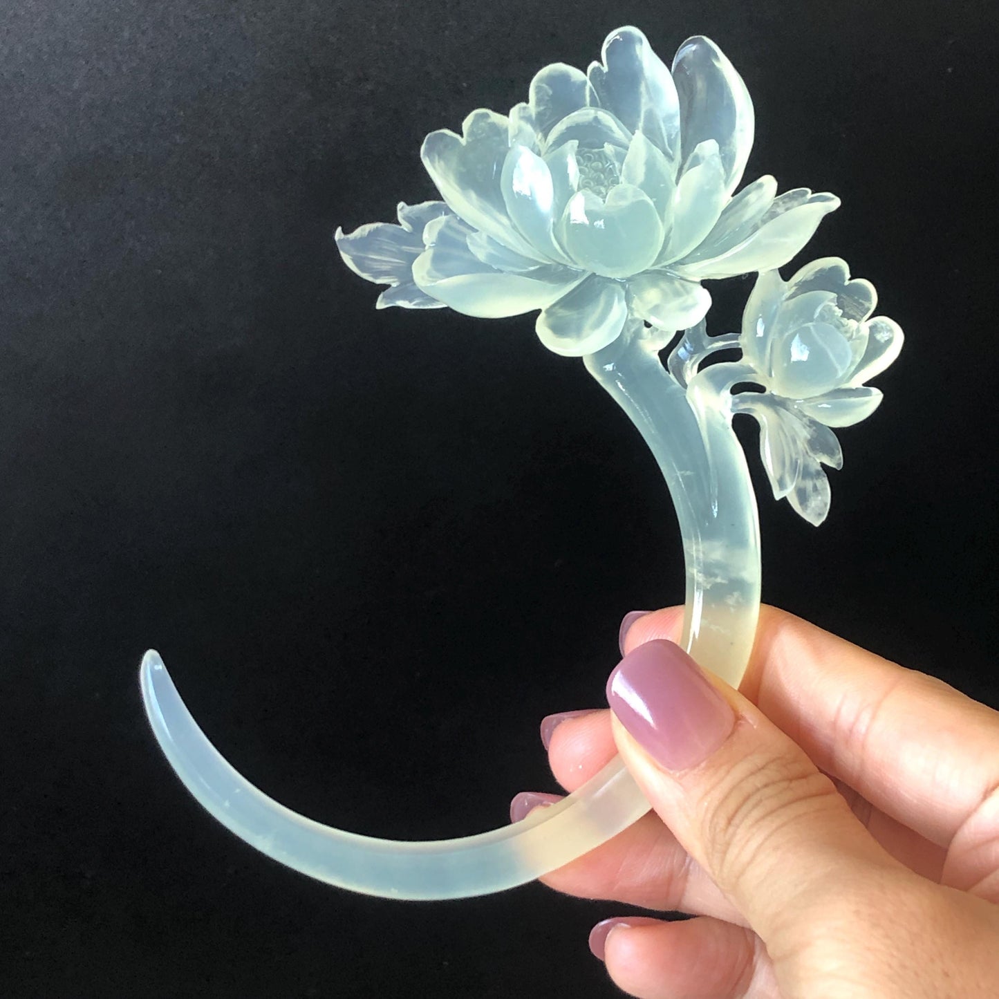 Xiu Jade Serpentine Hand Carved Peony Flower Hair Pin | Certified Natural Ice White Jade Crescent Moon Hair Stick | Handcrafted Hair Fork Bridal Wedding Headpiece gift for her japanese hairpin korean hair stick chinese hair fork vintage hair comb antique hair pins hanfu hair stick bridal shower hair jewelry wedding headpiece bridal shower gift engagement hair accessory jade carving hand engraved jade hand carved flower jade hairpins untreated natural jade certificate handcraft jade moon hairpin