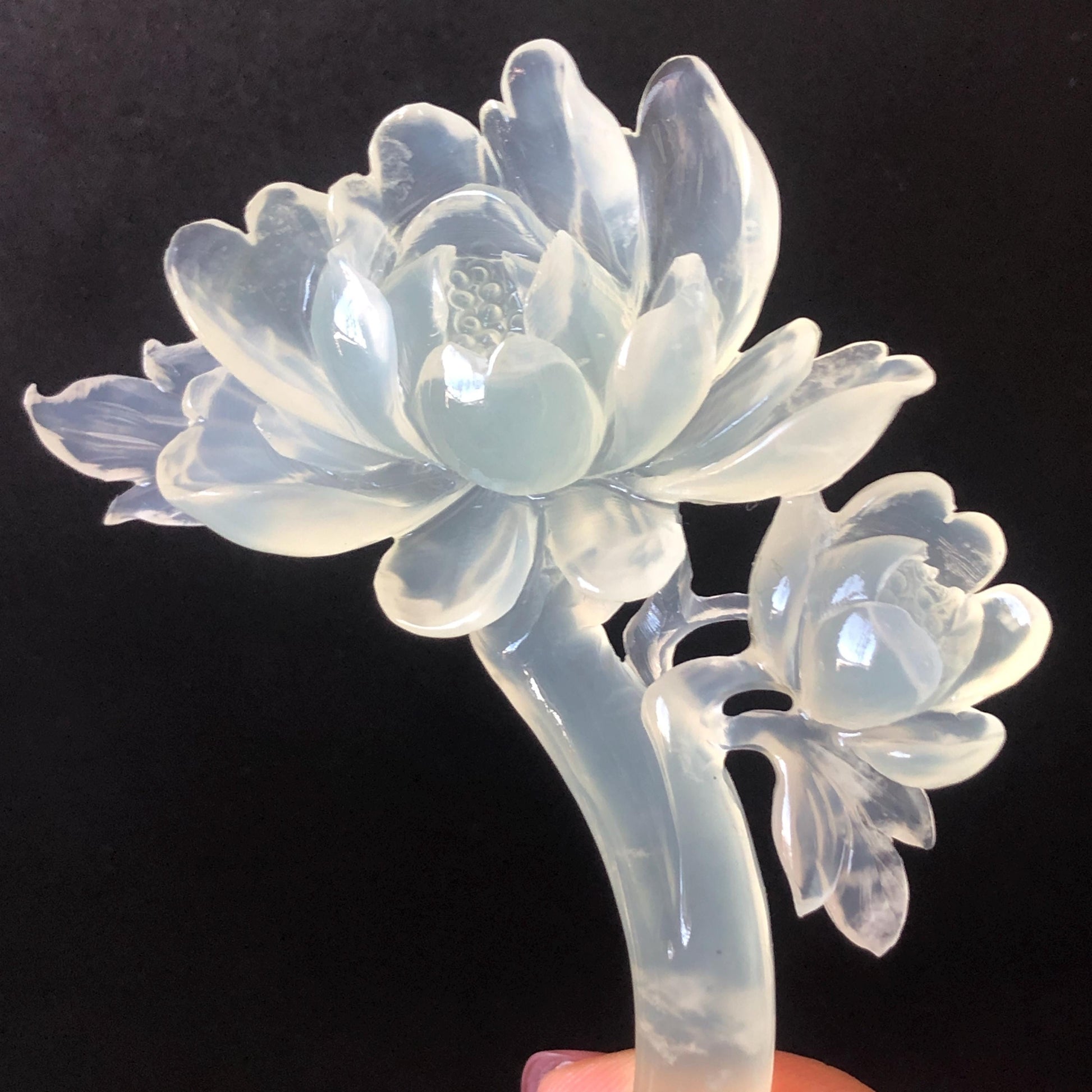 Xiu Jade Serpentine Hand Carved Peony Flower Hair Pin | Certified Natural Ice White Jade Crescent Moon Hair Stick | Handcrafted Hair Fork Bridal Wedding Headpiece gift for her japanese hairpin korean hair stick chinese hair fork vintage hair comb antique hair pins hanfu hair stick bridal shower hair jewelry wedding headpiece bridal shower gift engagement hair accessory jade carving hand engraved jade hand carved flower jade hairpins untreated natural jade certificate handcraft jade moon hairpin