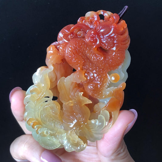 Rare Found! Xiu Jade Serpentine Hand Carved Dragon & Phoenix Pendant Adjustable Necklace: Certified Natural Red Jade Carving Jewelry