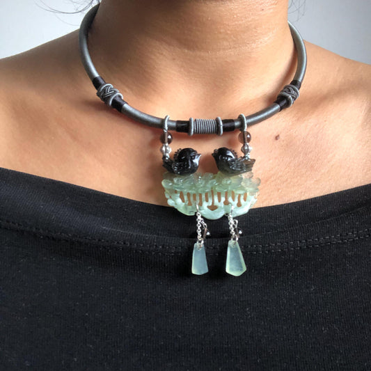 Xiu Jade Serpentine Hand Carved Magpie Birds ＆ Flower Pendant Adjustable Necklace: Certified Natural Black Green Jade Vintage Necklace Gemstone Gift for her, black jade carving green jade carving plum blossom carving flower carving hand engraved flower chinese jade pendant necklace vintage necklace antique necklace certificate jade natural untreated jade certified jade modern necklace bird carving