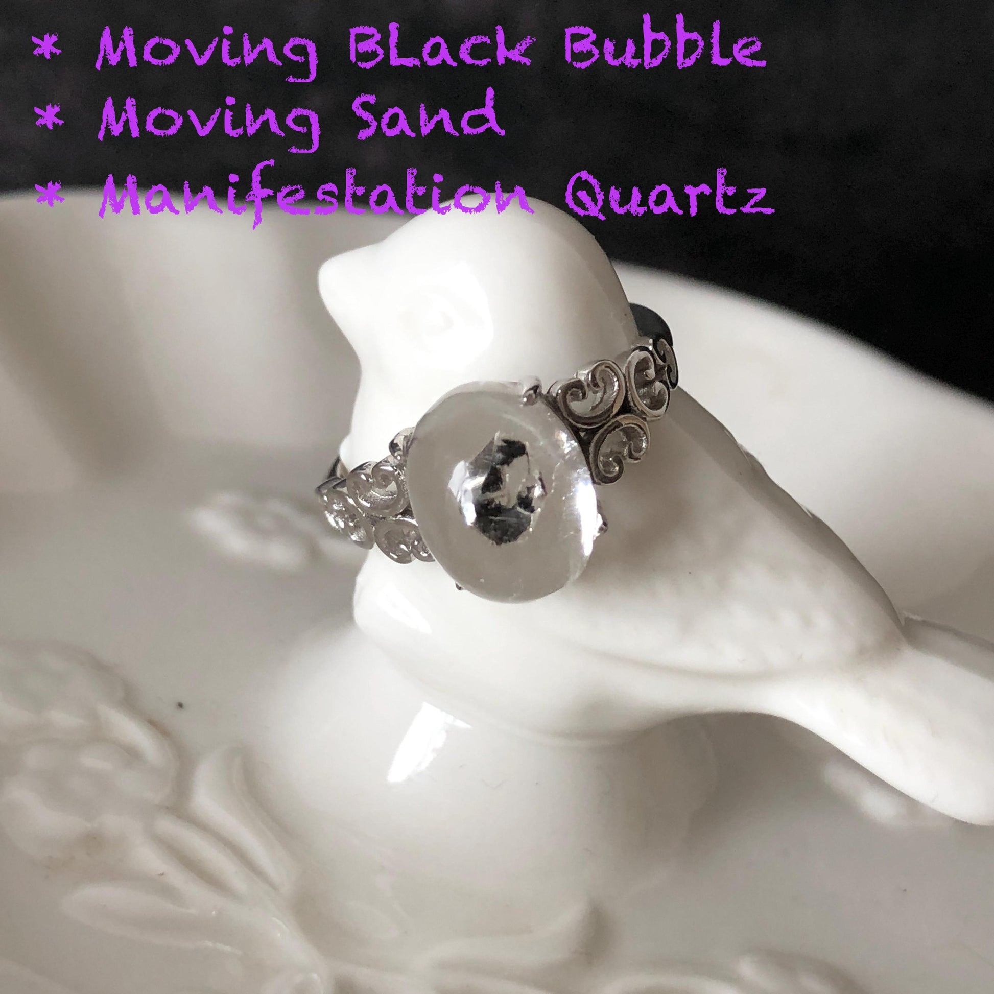 Rare Polished Enhydro Quartz (Herkimer Diamond) S925 Sliver Adjustable Ring: Moving Sand & Black Bubble in Manifestation Quartz, women statement ring crystal band ring crystal cocktail ring crystal stackable ring 7 chakra crystal ring meditation crystal healing stone birthstone silver ring ring for men