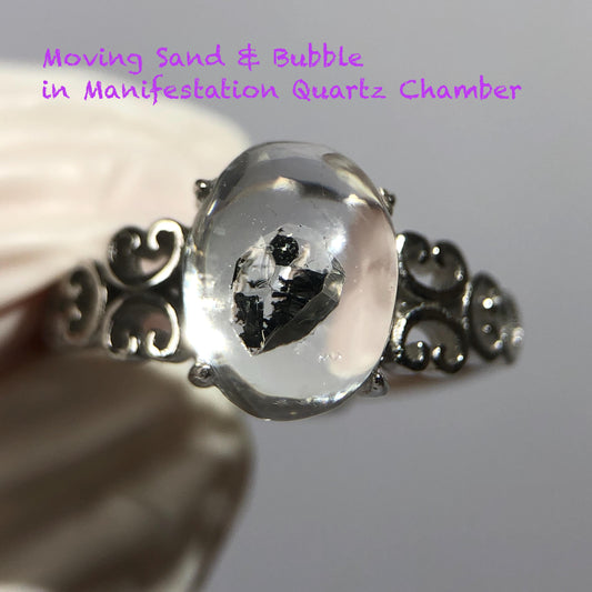 Rare Polished Enhydro Quartz (Herkimer Diamond) S925 Sliver Adjustable Ring: Moving Sand & Black Bubble in Manifestation Quartz, women statement ring crystal band ring crystal cocktail ring crystal stackable ring 7 chakra crystal ring meditation crystal healing stone birthstone silver ring ring for men