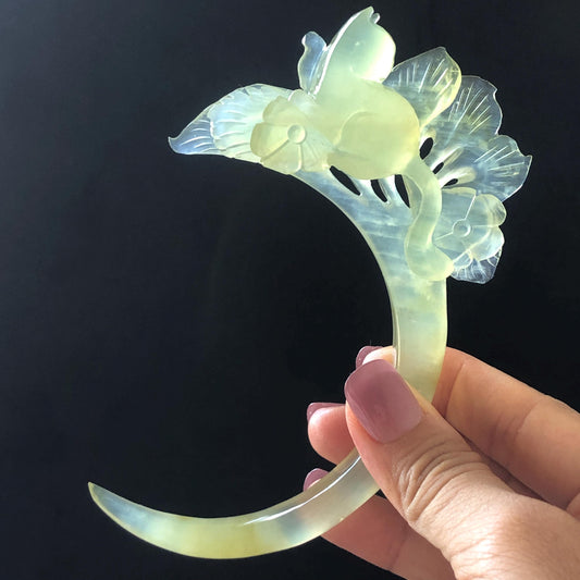 Xiu Jade Serpentine Hand Carved Cat & Flower Hair Pin: Natural Ice Green Jade Half Moon Hair Stick, Asian Chinese Vintage Hair Jewelry Handcrafted Hair Fork Bridal Wedding Headpiece gift for her japanese hairpin korean hair stick chinese hair fork vintage hair comb antique hair pins hanfu hair stick bridal shower hair jewelry hair accessory jade carving hand engraved jade hand carved flower jade hairpins untreated natural jade handcraft jade moon hairpin cat carving kitten carving cat lover gift