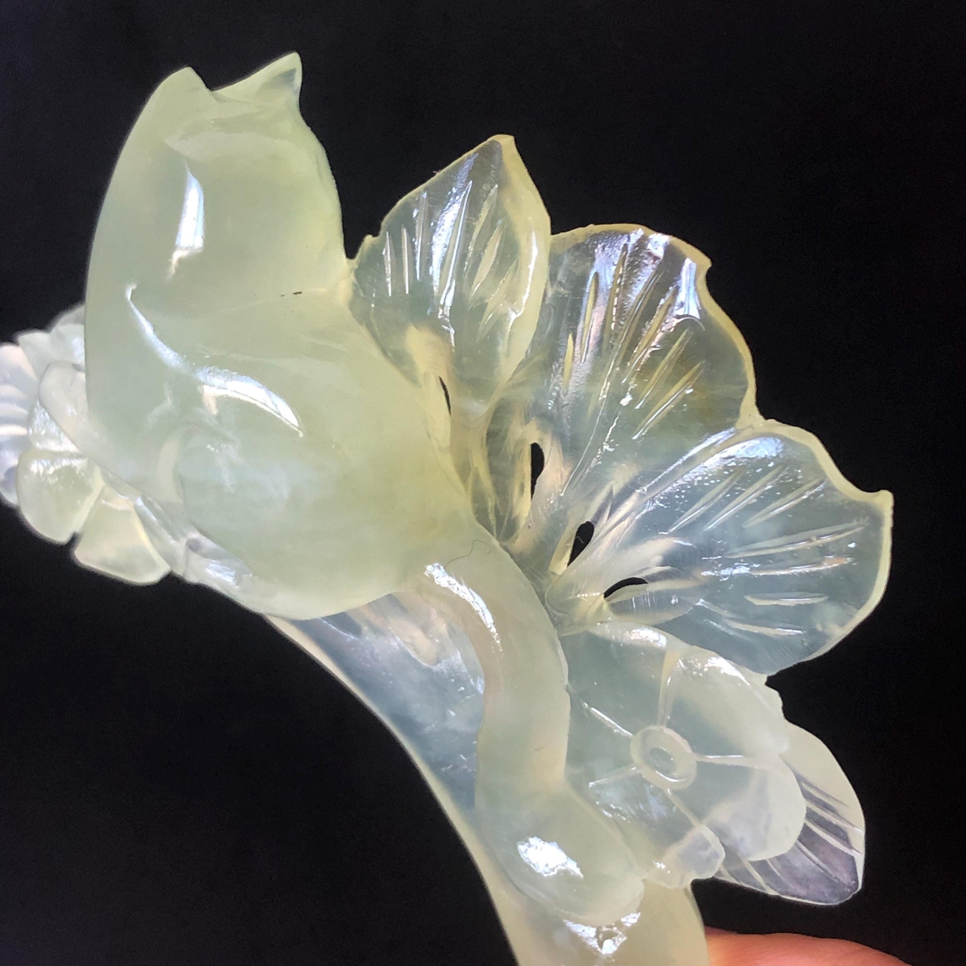 Xiu Jade Serpentine Hand Carved Cat & Flower Hair Pin: Natural Ice Green Jade Half Moon Hair Stick, Asian Chinese Vintage Hair Jewelry Handcrafted Hair Fork Bridal Wedding Headpiece gift for her japanese hairpin korean hair stick chinese hair fork vintage hair comb antique hair pins hanfu hair stick bridal shower hair jewelry hair accessory jade carving hand engraved jade hand carved flower jade hairpins untreated natural jade handcraft jade moon hairpin cat carving kitten carving cat lover gift