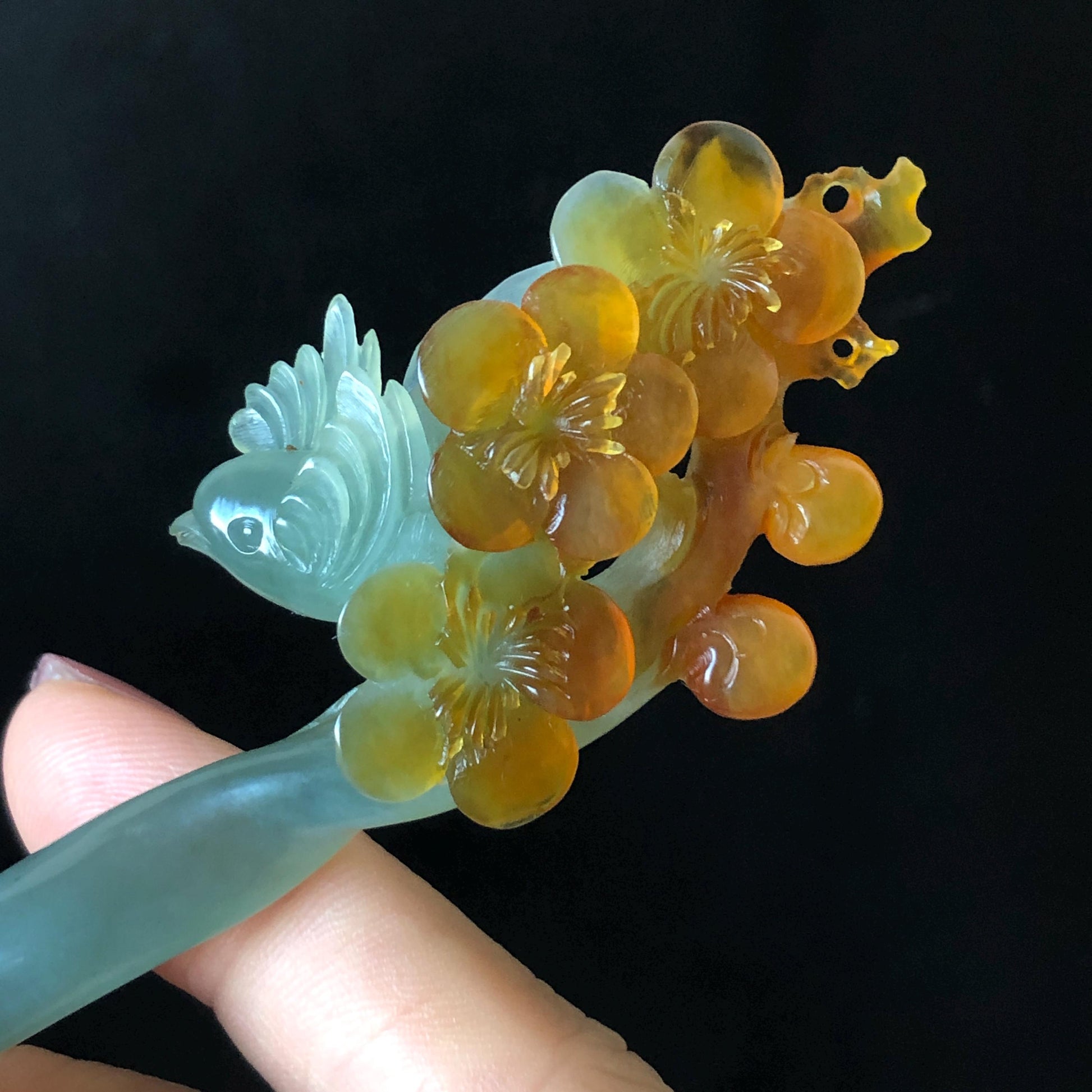 Xiu Jade (Serpentine) Hand Carved Bird & Plum Blossom Flower Hair Pin: Certified Natural Blue & Yellow Jade Hair Stick in Asian Chinese Vintage Style  Gift for her, blue jade carving yellow jade brown jade orange jade bird carving flower carving plum blossom carving hand carved flower hand engraved bird certificate jade certified natural untreated jade korean hairpin japanese hair stick chinese hair comb vinatge hair fork bridal hair clip wedding hair pin engagement hair stick bi-colour jade
