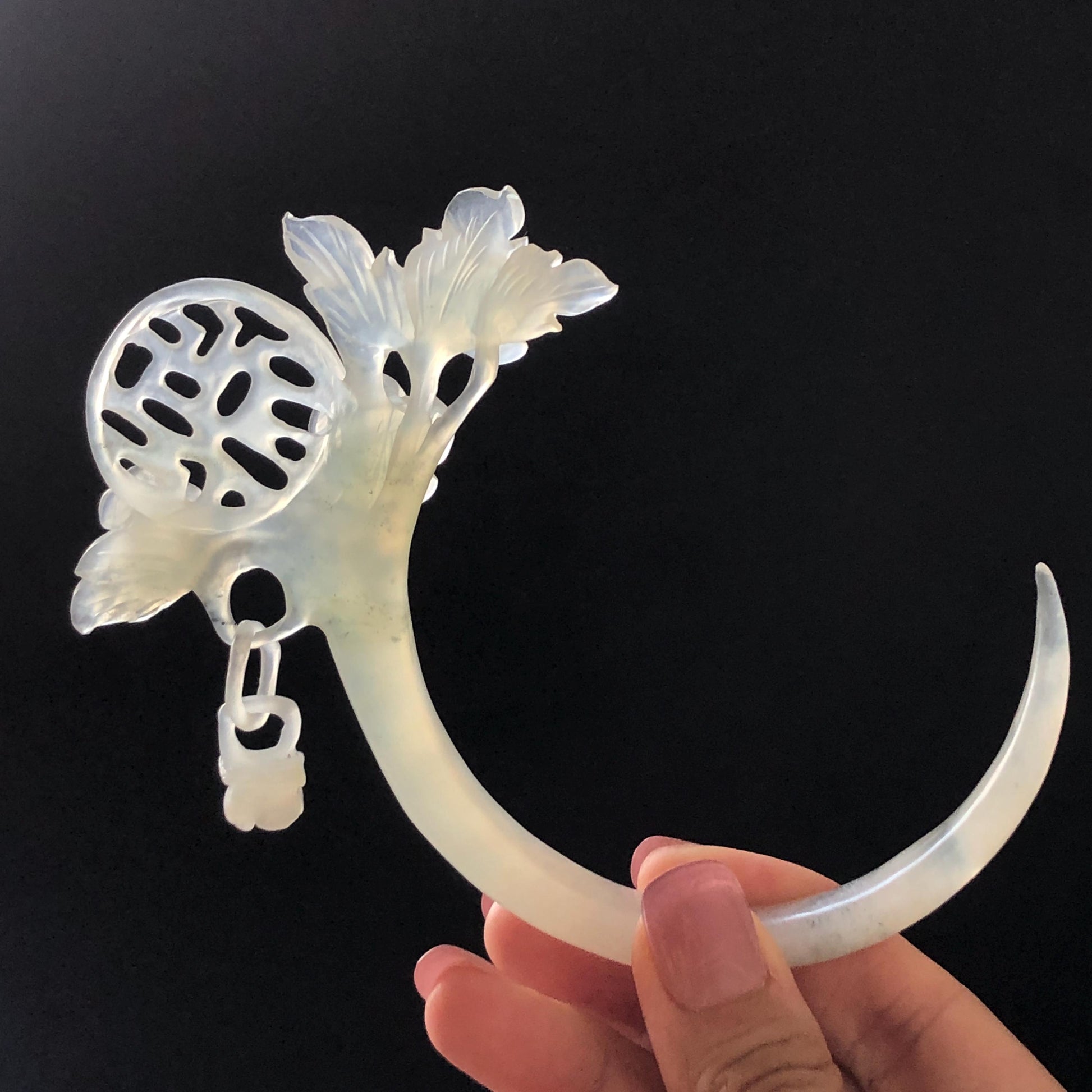 Xiu Jade Serpentine Plum Blossom Hair Stick with Dangle: Certificate White Jade Hand Carved Half Moon Hair Pin Hanfu Vintage Antique Hair Jewelry Hair Fork Vintage Bridal Hair Fork Gift for her japanese hairpin korean hair stick chinese hair fork vintage hair comb antique hair pins hanfu hair stick bridal shower hair jewelry engagement hair accessory jade carving hand engraved jade rose carving jade hairpins untreated natural jade with certificate handcrafted jade stone carving white jade