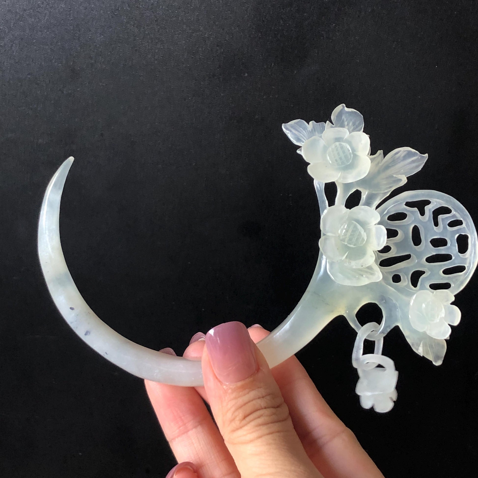 Xiu Jade Serpentine Plum Blossom Hair Stick with Dangle: Certificate White Jade Hand Carved Half Moon Hair Pin Hanfu Vintage Antique Hair Jewelry Hair Fork Vintage Bridal Hair Fork Gift for her japanese hairpin korean hair stick chinese hair fork vintage hair comb antique hair pins hanfu hair stick bridal shower hair jewelry engagement hair accessory jade carving hand engraved jade rose carving jade hairpins untreated natural jade with certificate handcrafted jade stone carving white jade