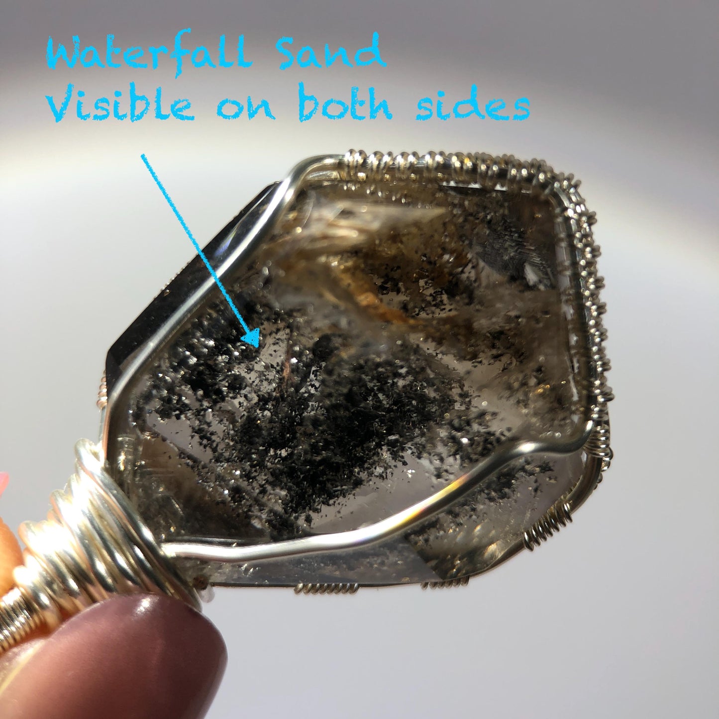 Rare Polished Enhydro Smoky Quartz (Herkimer Diamond) Wrapped Wire Pendant Adjustable Necklace | Moving Sand Waterfall! | Natural Gemstone Birthstone Gift for her | Rainbow Quartz Rainbow crystal enhydro quartz sand water-fall pendant necklace choker gemstone charm stone pendant choker polished stone pendant crystal charm birthstone gift for her men necklace chakra crystal purify stone minerals specimen adjustable choker mica quartz mica flakes silver wire wrapped pendant
