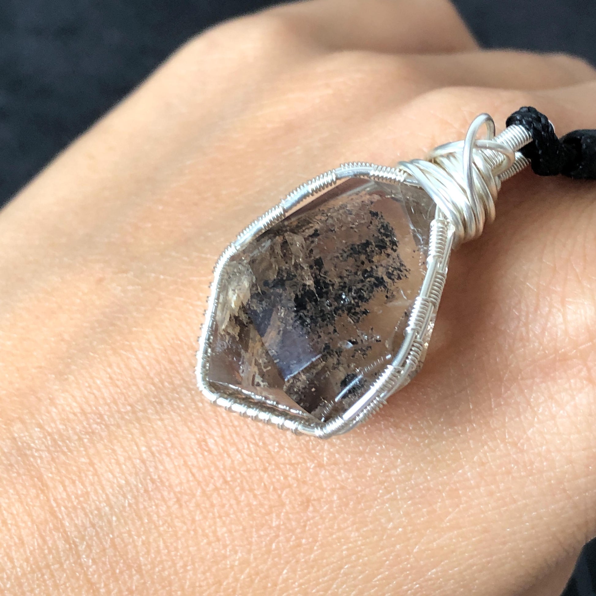 Rare Polished Enhydro Smoky Quartz (Herkimer Diamond) Wrapped Wire Pendant Adjustable Necklace | Moving Sand Waterfall! | Natural Gemstone Birthstone Gift for her | Rainbow Quartz Rainbow crystal enhydro quartz sand water-fall pendant necklace choker gemstone charm stone pendant choker polished stone pendant crystal charm birthstone gift for her men necklace chakra crystal purify stone minerals specimen adjustable choker mica quartz mica flakes silver wire wrapped pendant