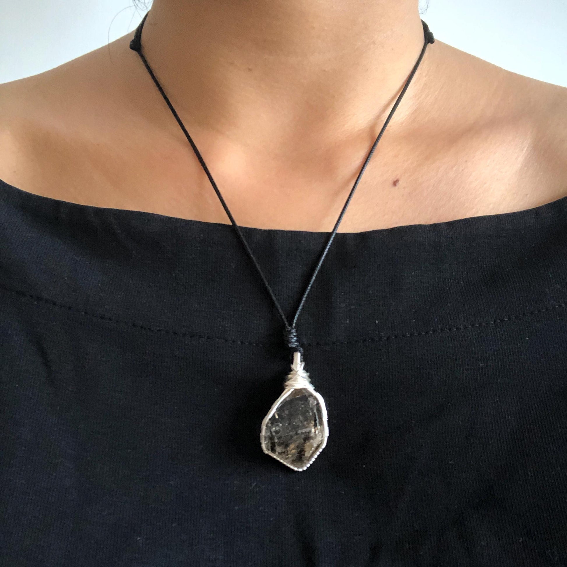 Rare Polished Enhydro Smoky Quartz (Herkimer Diamond) Wrapped Wire Pendant Adjustable Necklace | Moving Sand Waterfall! | Natural Gemstone Birthstone Gift for her | Rainbow Quartz Rainbow crystal enhydro quartz sand water-fall pendant necklace choker gemstone charm stone pendant choker polished stone pendant crystal charm birthstone gift for her men necklace chakra crystal purify stone minerals specimen adjustable choker mica quartz mica flakes silver wire wrapped pendant
