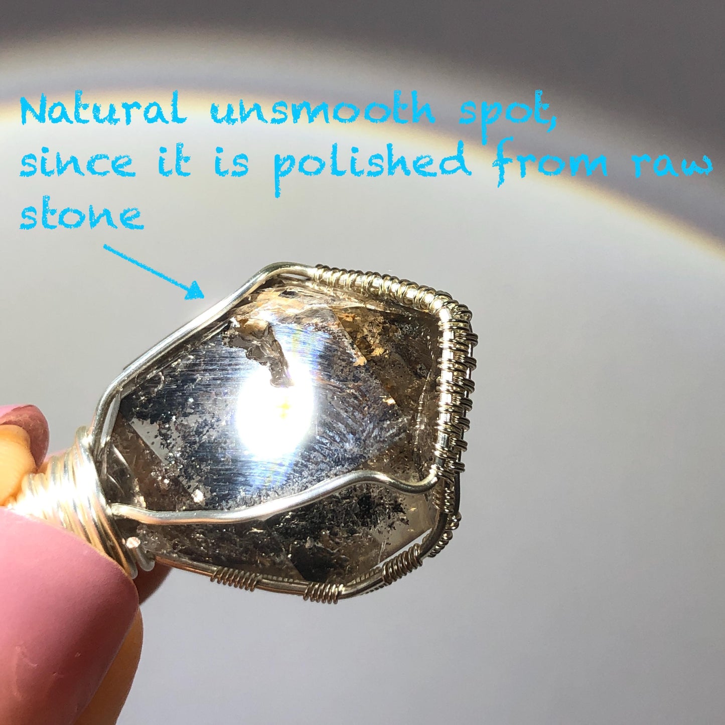 Rare Polished Enhydro Smoky Quartz (Herkimer Diamond) Wrapped Wire Pendant Adjustable Necklace | Moving Sand Waterfall! | Natural Gemstone Birthstone Gift for her | Rainbow Quartz Rainbow crystal enhydro quartz sand water-fall pendant necklace choker gemstone charm stone pendant choker polished stone pendant crystal charm birthstone gift for her men necklace chakra crystal purify stone minerals specimen adjustable choker mica quartz mica flakes silver wire wrapped pendant