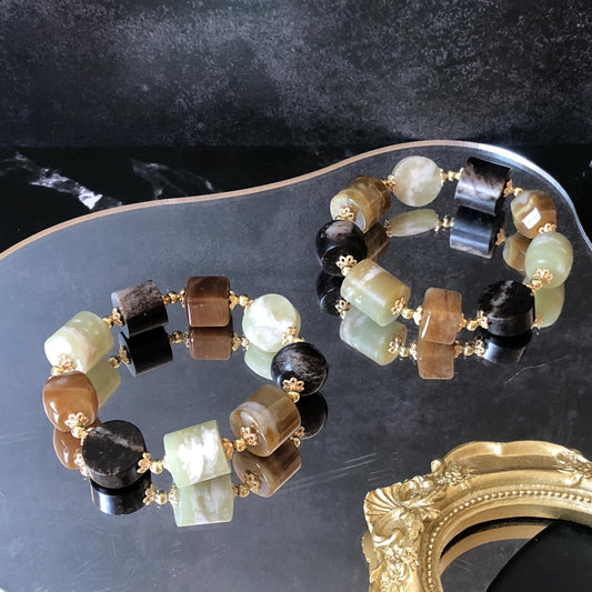 Natural Nephrite Jade Bracelet Milk Tea & Cookies Collection Untreated White Jade Brown Jade Elastic Bracelet Big Bead Bracelet Big Beaded Bracelet Jade Bead Bangle Chinese Jade Vintage Bracelet Antique Bracelet Gift for her Flexible Bracelet with honey brown jade deep brown jade white jade 14k gold plated accessory nephrite beads bold bracelet irregular beads bracelet tailor made bracelet customized bracelet diy bracelet
