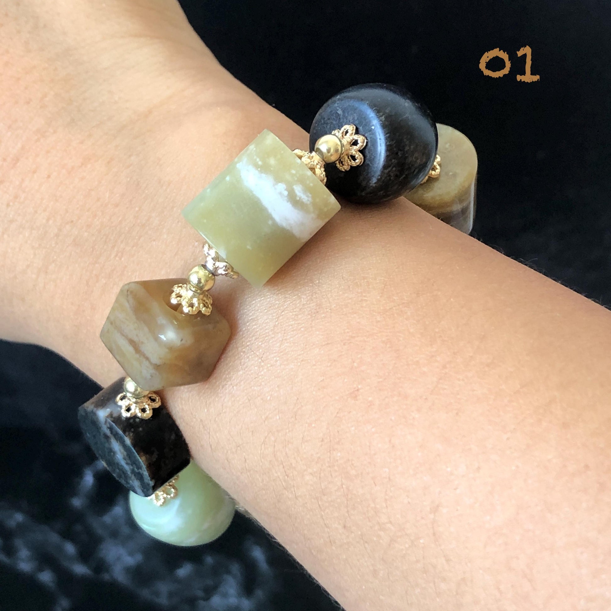 Natural Nephrite Jade Bracelet Milk Tea & Cookies Collection Untreated White Jade Brown Jade Elastic Bracelet Big Bead Bracelet Big Beaded Bracelet Jade Bead Bangle Chinese Jade Vintage Bracelet Antique Bracelet Gift for her Flexible Bracelet with honey brown jade deep brown jade white jade 14k gold plated accessory nephrite beads bold bracelet irregular beads bracelet tailor made bracelet customized bracelet diy bracelet