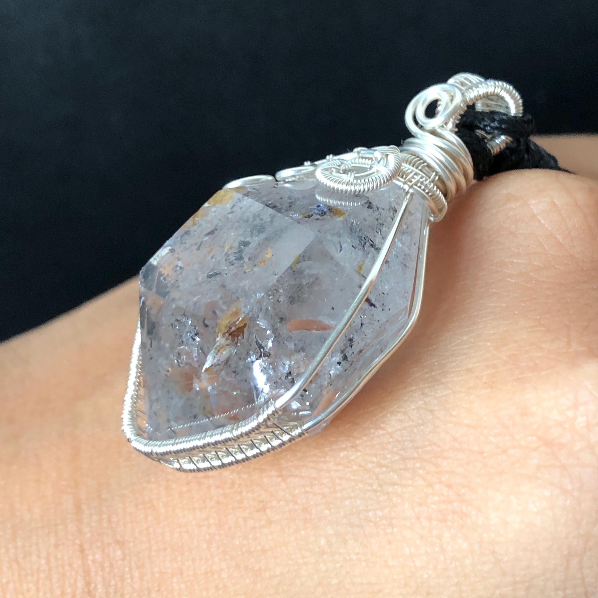 Rare Herkimer Diamond Sterling Silver Pendant Adjustable Necklace | Polished Enhydro Crystal |Big Rainbow! Moving Sand & Mica | Natural Gemstone Birthstone Gift for her  | Rainbow Quartz Rainbow crystal enhydro quartz sand water-fall pendant necklace choker gemstone charm stone pendant choker polished stone pendant crystal charm birthstone gift for her men necklace chakra crystal purify stone minerals specimen adjustable choker mica quartz mica flakes silver wire wrapped pendant