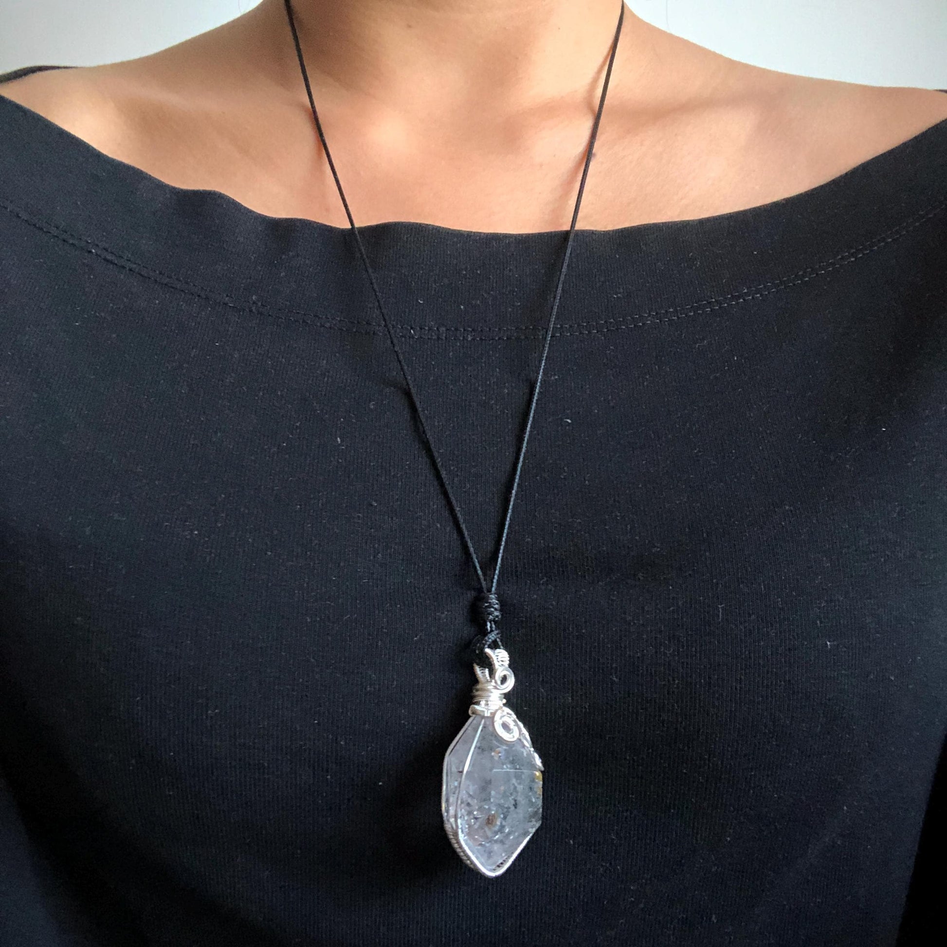 Rare Herkimer Diamond Sterling Silver Pendant Adjustable Necklace | Polished Enhydro Crystal |Big Rainbow! Moving Sand & Mica | Natural Gemstone Birthstone Gift for her  | Rainbow Quartz Rainbow crystal enhydro quartz sand water-fall pendant necklace choker gemstone charm stone pendant choker polished stone pendant crystal charm birthstone gift for her men necklace chakra crystal purify stone minerals specimen adjustable choker mica quartz mica flakes silver wire wrapped pendant