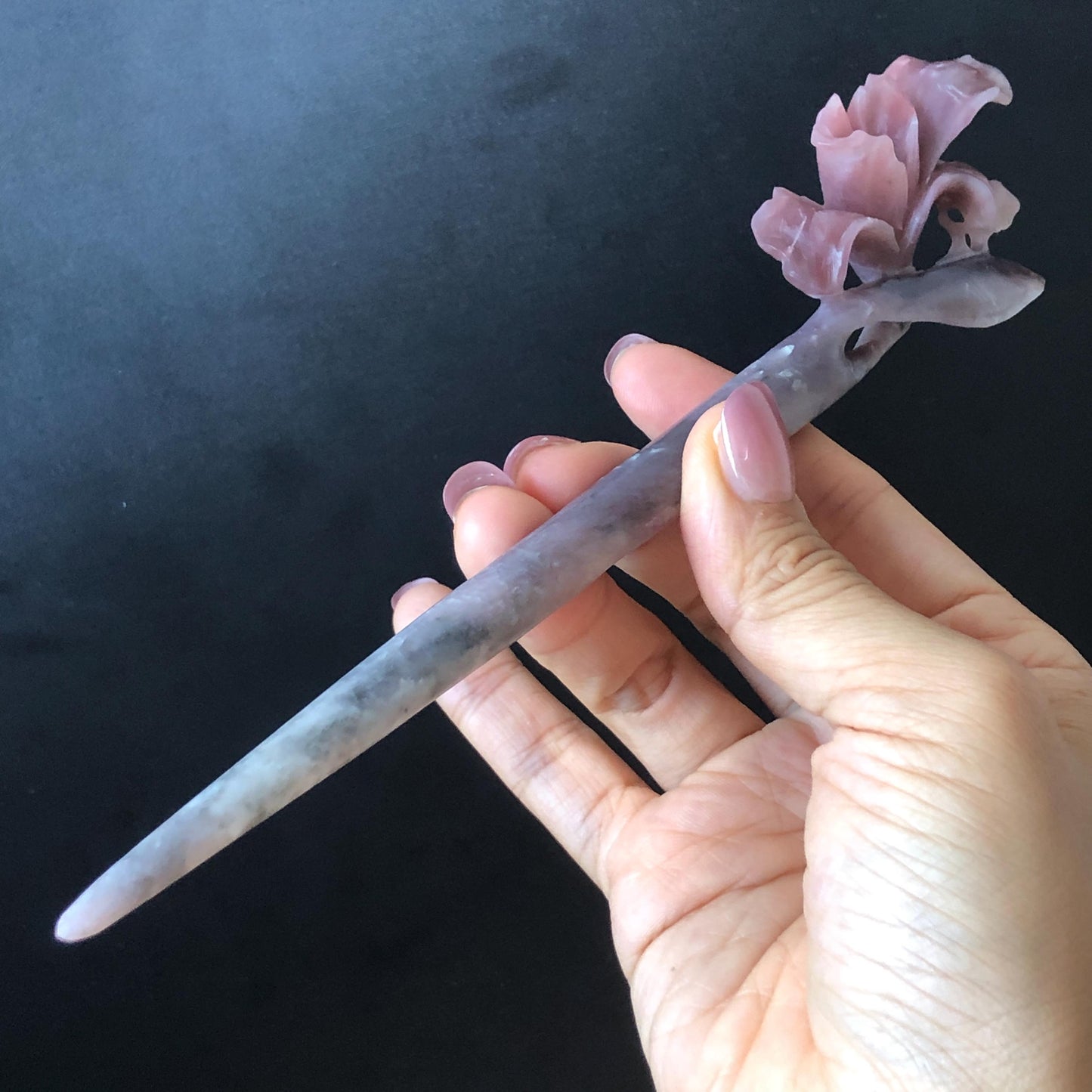 Xiu Jade Serpentine Hand Carved Iris Flower Hair Pin: Natural Black Purple Pink Jade Hair Stick, Asian Vintage Hair Fork  Asian Chinses Vintage Style Gift for her, pink jade hairpin black jade purple jade hair comb grey jade hair fork korean hair pin japanese hair stick bridal hairpin wedding hair clip hanfu hairpin mother day gift jade carving bridal headpiece wedding hair jewelry bridal shower gift hair accessory iris carving flower carving 3D stone carving