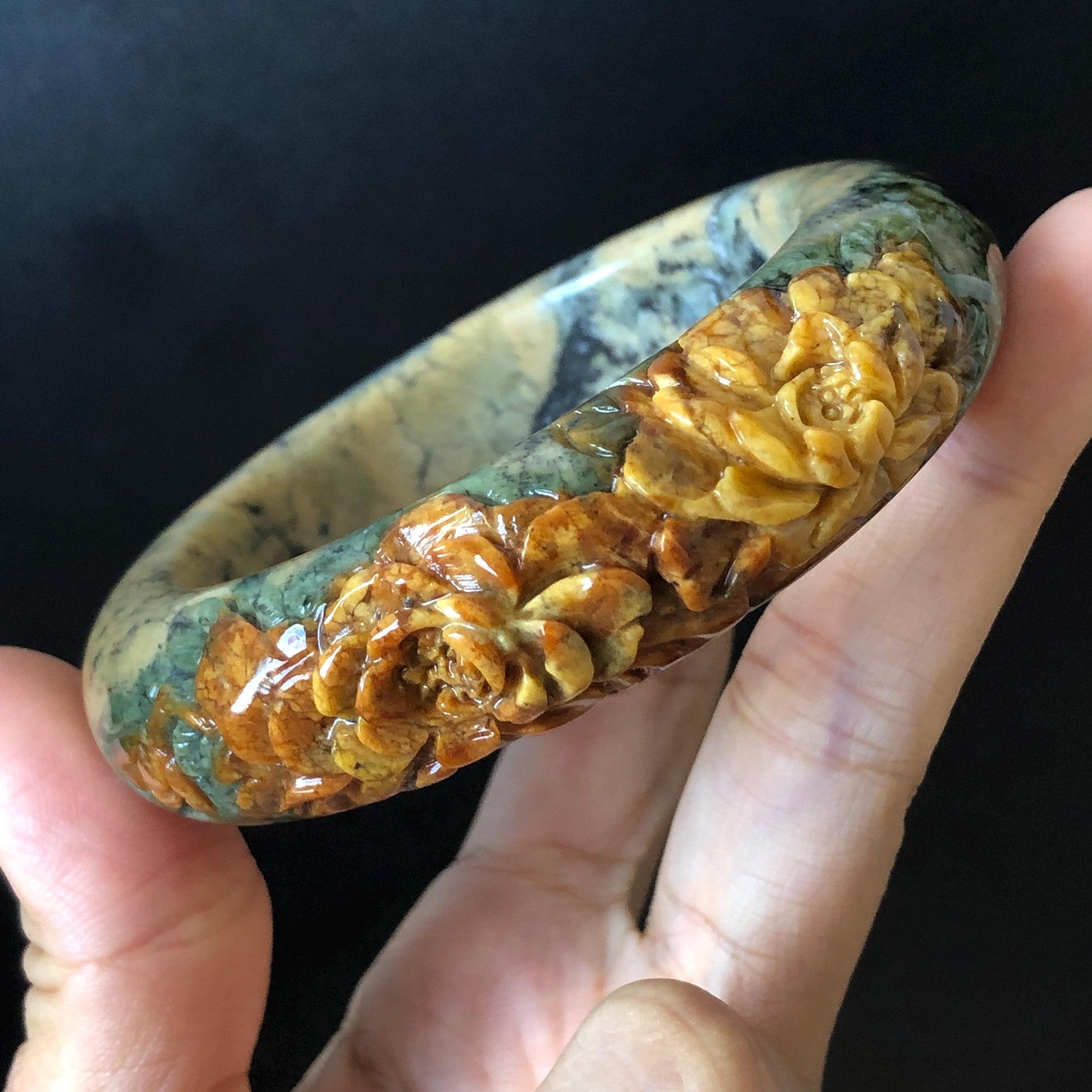 54.7mm Xiu Jade Serpentine Hand Carved Peony Flowers Bangle: Natural Brown Yellow Green Jade Handcrafted Bracelet, Stone Carving Gemstone Jewelry Gift for her wide jade bangle jade carving hand engraved stone carving natural untreated jade bracelet green jade yellow jade brown jade handcraft jade peony carving flower carving chinese jade vintage bangle antique bracelet