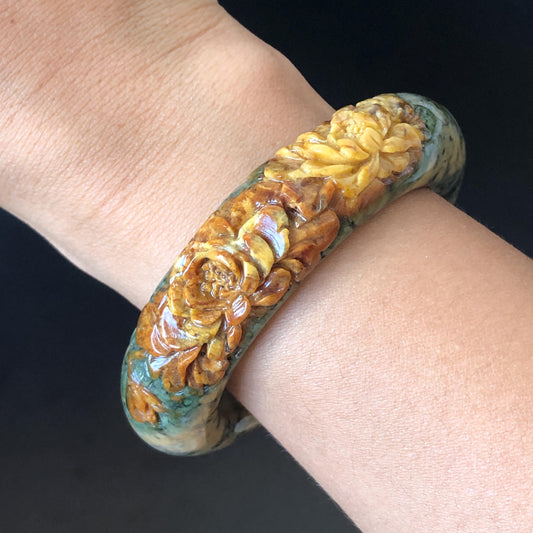 54.7mm Xiu Jade Serpentine Hand Carved Peony Flowers Bangle: Natural Brown Yellow Green Jade Handcrafted Bracelet, Stone Carving Gemstone Jewelry Gift for her wide jade bangle jade carving hand engraved stone carving natural untreated jade bracelet green jade yellow jade brown jade handcraft jade peony carving flower carving chinese jade vintage bangle antique bracelet