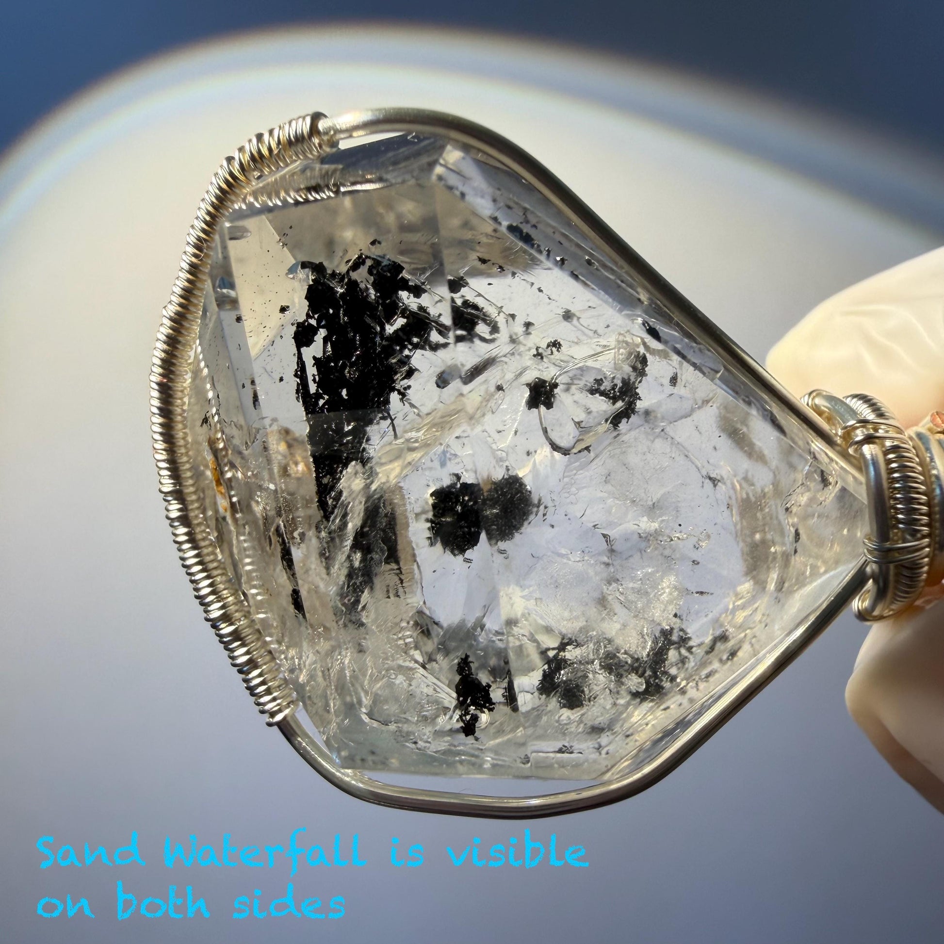 Rare Polished Enhydro Quartz (Herkimer Diamond) Wrapped Wire Pendant Adjustable Necklace | Sand Waterfall! Moving Sand & Black Bubble | Natural Gemstone Birthstone Gift for her | enhydro quartz sand water-fall pendant necklace choker gemstone charm stone pendant choker polished stone pendant crystal charm birthstone gift for her men necklace chakra crystal purify stone minerals specimen adjustable choker mica quartz mica flakes silver wire wrapped pendant