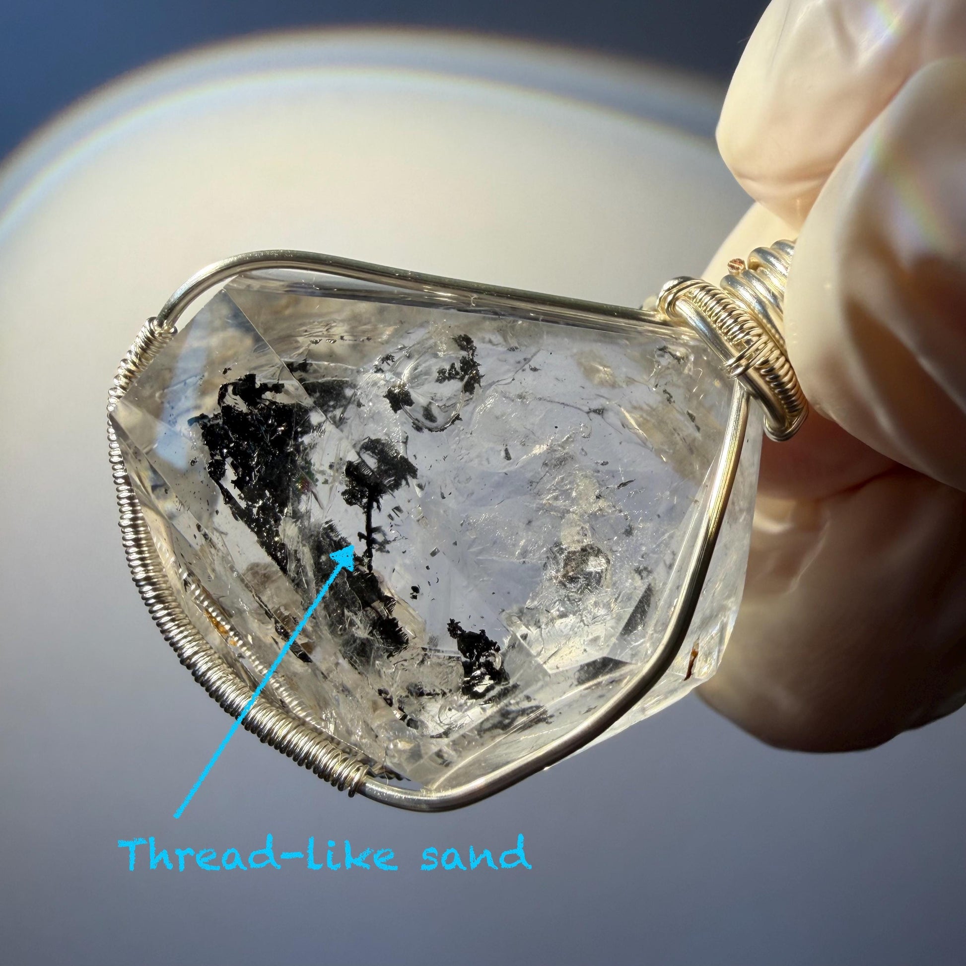 Rare Polished Enhydro Quartz (Herkimer Diamond) Wrapped Wire Pendant Adjustable Necklace | Sand Waterfall! Moving Sand & Black Bubble | Natural Gemstone Birthstone Gift for her | enhydro quartz sand water-fall pendant necklace choker gemstone charm stone pendant choker polished stone pendant crystal charm birthstone gift for her men necklace chakra crystal purify stone minerals specimen adjustable choker mica quartz mica flakes silver wire wrapped pendant