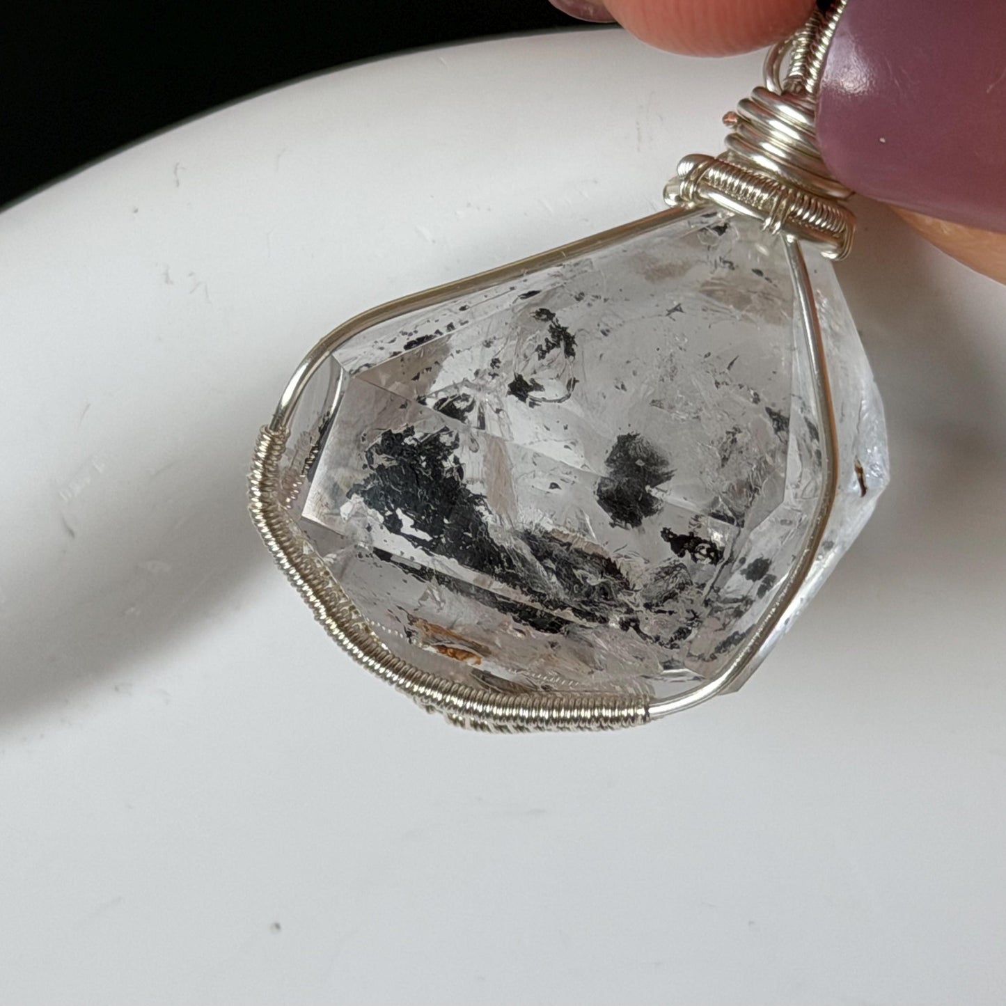 Rare Polished Enhydro Quartz (Herkimer Diamond) Wrapped Wire Pendant Adjustable Necklace | Sand Waterfall! Moving Sand & Black Bubble | Natural Gemstone Birthstone Gift for her | enhydro quartz sand water-fall pendant necklace choker gemstone charm stone pendant choker polished stone pendant crystal charm birthstone gift for her men necklace chakra crystal purify stone minerals specimen adjustable choker mica quartz mica flakes silver wire wrapped pendant