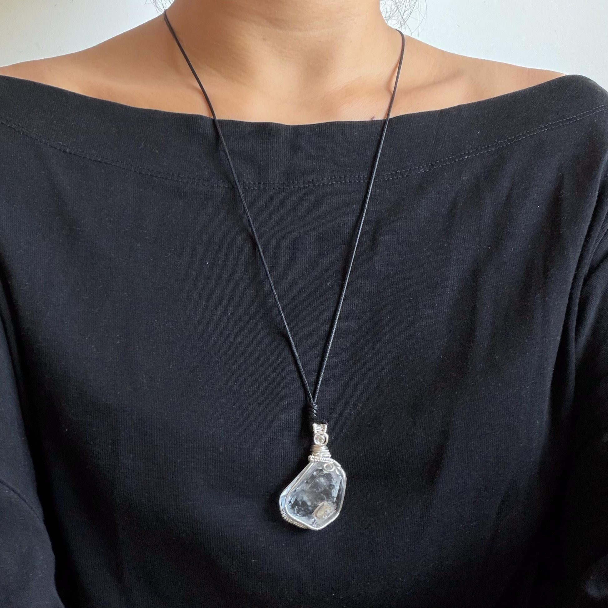 Rare Polished Enhydro Quartz (Herkimer Diamond) Wrapped Wire Pendant Adjustable Necklace | Sand Waterfall! Moving Sand & Black Bubble | Natural Gemstone Birthstone Gift for her | enhydro quartz sand water-fall pendant necklace choker gemstone charm stone pendant choker polished stone pendant crystal charm birthstone gift for her men necklace chakra crystal purify stone minerals specimen adjustable choker mica quartz mica flakes silver wire wrapped pendant