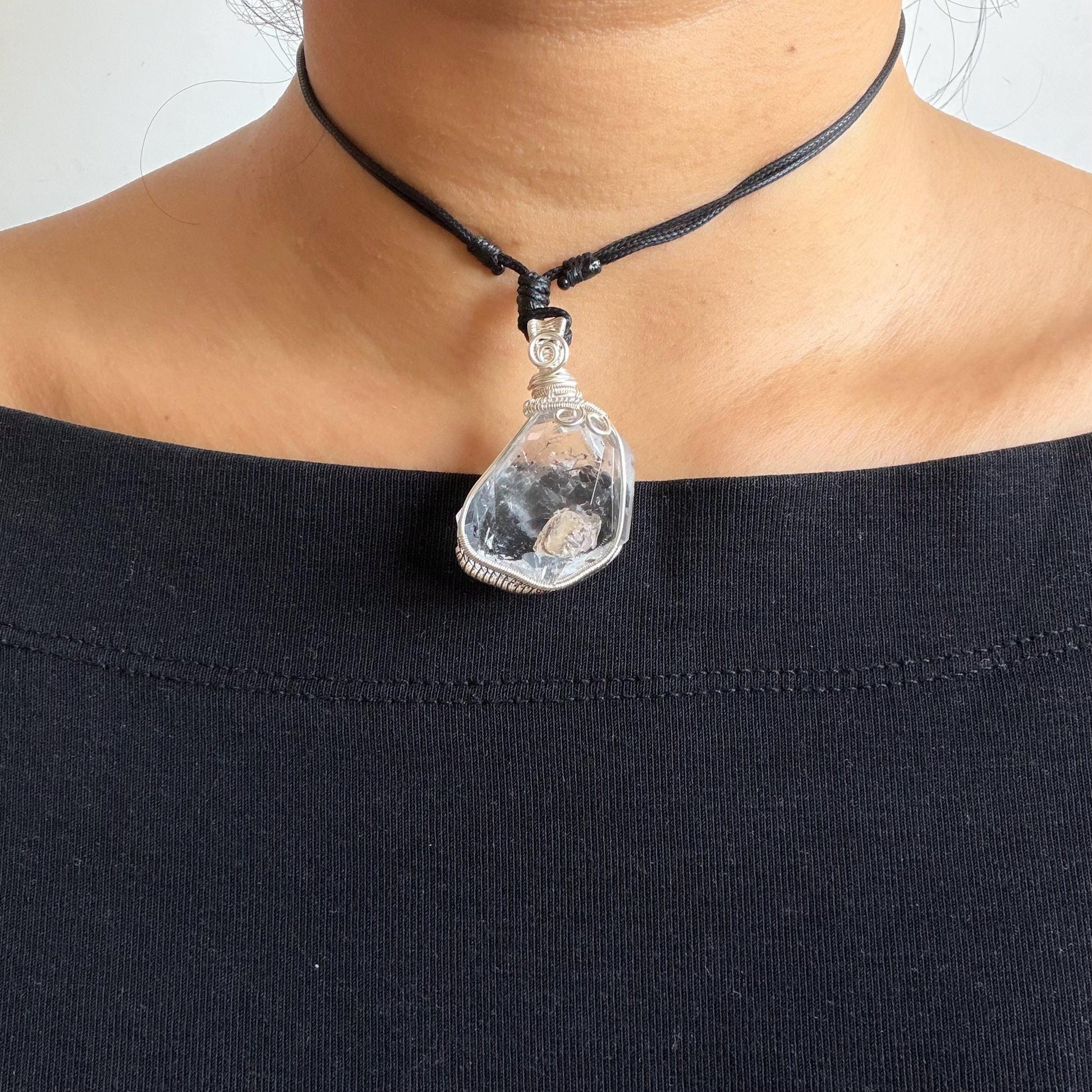 Rare Polished Enhydro Quartz (Herkimer Diamond) Wrapped Wire Pendant Adjustable Necklace | Sand Waterfall! Moving Sand & Black Bubble | Natural Gemstone Birthstone Gift for her | enhydro quartz sand water-fall pendant necklace choker gemstone charm stone pendant choker polished stone pendant crystal charm birthstone gift for her men necklace chakra crystal purify stone minerals specimen adjustable choker mica quartz mica flakes silver wire wrapped pendant