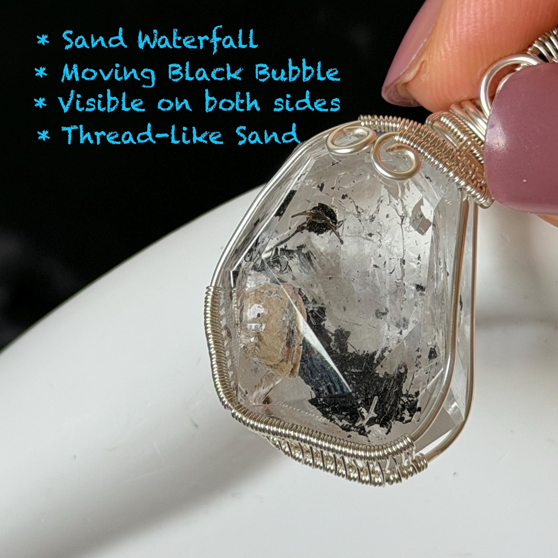 Rare Polished Enhydro Quartz (Herkimer Diamond) Wrapped Wire Pendant Adjustable Necklace | Sand Waterfall! Moving Sand & Black Bubble | Natural Gemstone Birthstone Gift for her | enhydro quartz sand water-fall pendant necklace choker gemstone charm stone pendant choker polished stone pendant crystal charm birthstone gift for her men necklace chakra crystal purify stone minerals specimen adjustable choker mica quartz mica flakes silver wire wrapped pendant