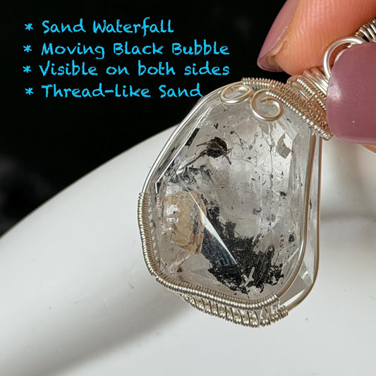 Rare Polished Enhydro Quartz (Herkimer Diamond) Wrapped Wire Pendant Adjustable Necklace | Sand Waterfall! Moving Sand & Black Bubble | Natural Gemstone Birthstone Gift for her | enhydro quartz sand water-fall pendant necklace choker gemstone charm stone pendant choker polished stone pendant crystal charm birthstone gift for her men necklace chakra crystal purify stone minerals specimen adjustable choker mica quartz mica flakes silver wire wrapped pendant