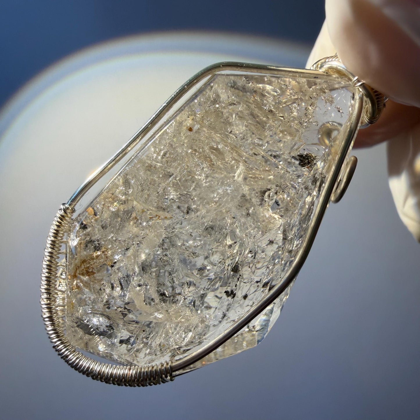 Rare Polished Enhydro Quartz (Herkimer Diamond) Wrapped Wire Pendant Adjustable Necklace | Sand Waterfall! Moving Sand & Water Bubble | Natural Gemstone Birthstone Gift for her  | enhydro quartz sand water-fall pendant necklace choker gemstone charm stone pendant choker polished stone pendant crystal charm birthstone gift for her men necklace chakra crystal purify stone minerals specimen adjustable choker mica quartz mica flakes silver wire wrapped pendant
