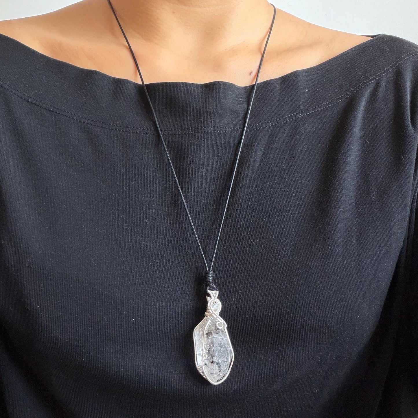Rare Polished Enhydro Quartz (Herkimer Diamond) Wrapped Wire Pendant Adjustable Necklace | Sand Waterfall! Moving Sand & Water Bubble | Natural Gemstone Birthstone Gift for her  | enhydro quartz sand water-fall pendant necklace choker gemstone charm stone pendant choker polished stone pendant crystal charm birthstone gift for her men necklace chakra crystal purify stone minerals specimen adjustable choker mica quartz mica flakes silver wire wrapped pendant