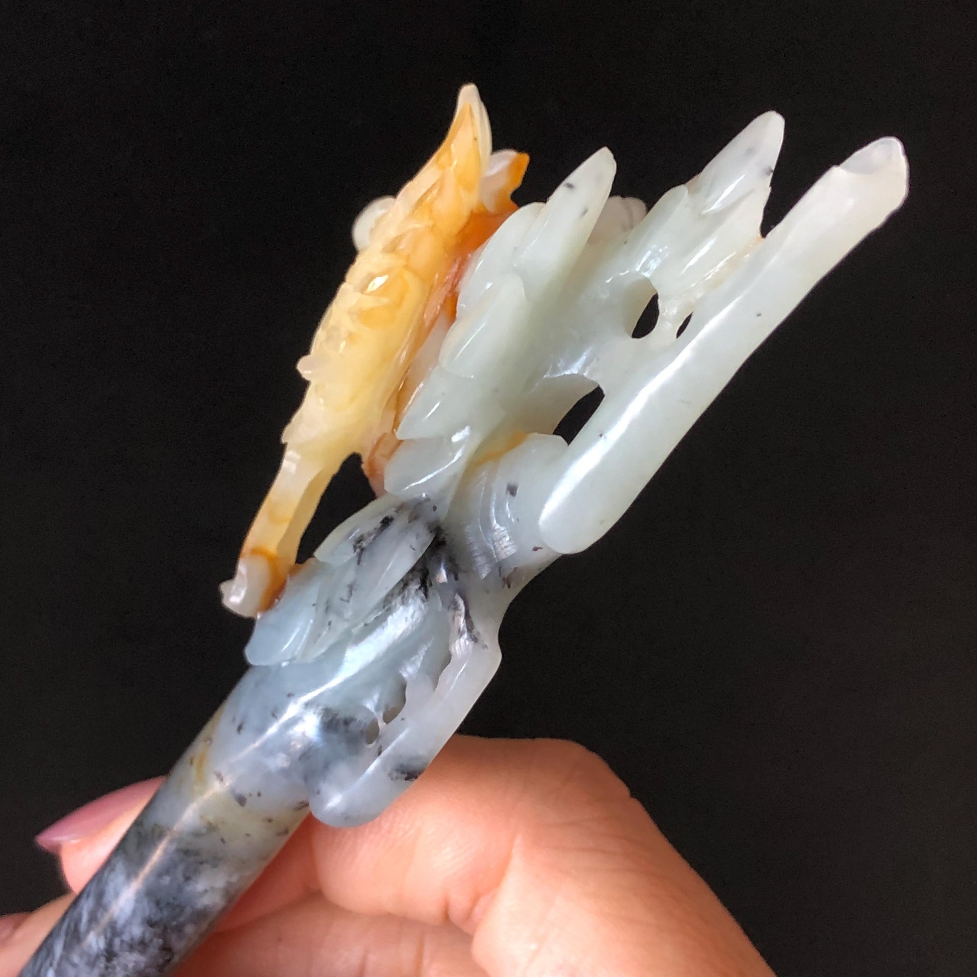 CXiu Jade Serpentine Hand Carved Crane Bird, Pine Tree & Sun Hair Pin:  Certified Natural Gray Red White Jade Hair Stick, Vintage Antique Hair Jewelry | Asian Chinese Vintage Gift for her, white jade carving red jade black jade bird carving flower carving hand carved flower hand engraved bird certificate jade certified natural untreated jade korean hairpin japanese hair stick chinese hair comb vinatge hair fork bridal hair clip wedding hair pin engagement hair stick crane carving