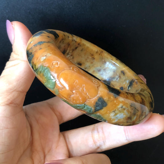 54.7mm Xiu Jade Serpentine Hand Carved Strawberry Bear Bangle: Natural Brown Green Jade Handcrafted Leopard style Bracelet, Stone Carving Gemstone Jewelry, Stone Carving Gemstone Jewelry Gift for her wide jade bangle jade carving hand engraved stone carving natural untreated jade bracelet green jade  brown jade handcraft jade chinese jade vintage bangle antique bracelet bear carving bear lover gift strawberry bracelet