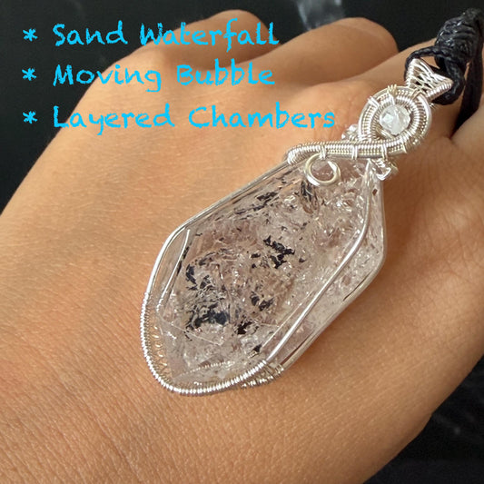 Rare Polished Enhydro Quartz (Herkimer Diamond) Wrapped Wire Pendant Adjustable Necklace | Sand Waterfall! Moving Sand & Water Bubble | Natural Gemstone Birthstone Gift for her  | enhydro quartz sand water-fall pendant necklace choker gemstone charm stone pendant choker polished stone pendant crystal charm birthstone gift for her men necklace chakra crystal purify stone minerals specimen adjustable choker mica quartz mica flakes silver wire wrapped pendant