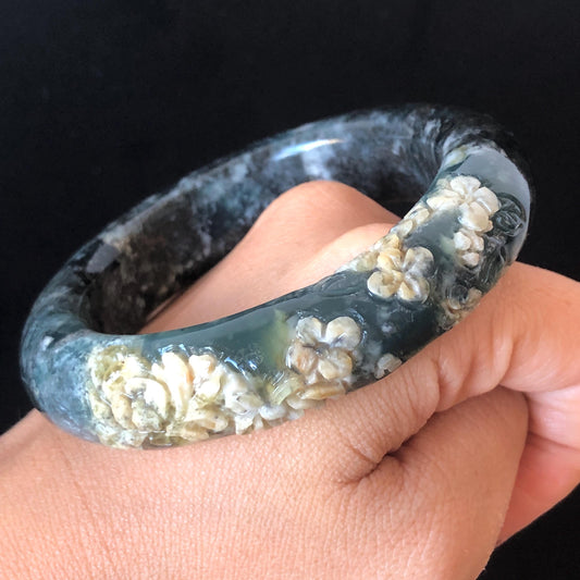 56.5mm Xiu Jade Serpentine Hand Carved Peony Flowers Bangle: Natural Black Blue Brown Jade Handcrafted Bracelet, Stone Carving Gemstone Jewelry 
 Gift for her wide jade bangle jade carving hand engraved stone carving natural untreated jade bracelet black jade blue jade brown jade handcraft jade peony carving flower carving chinese jade vintage bangle antique bracelet