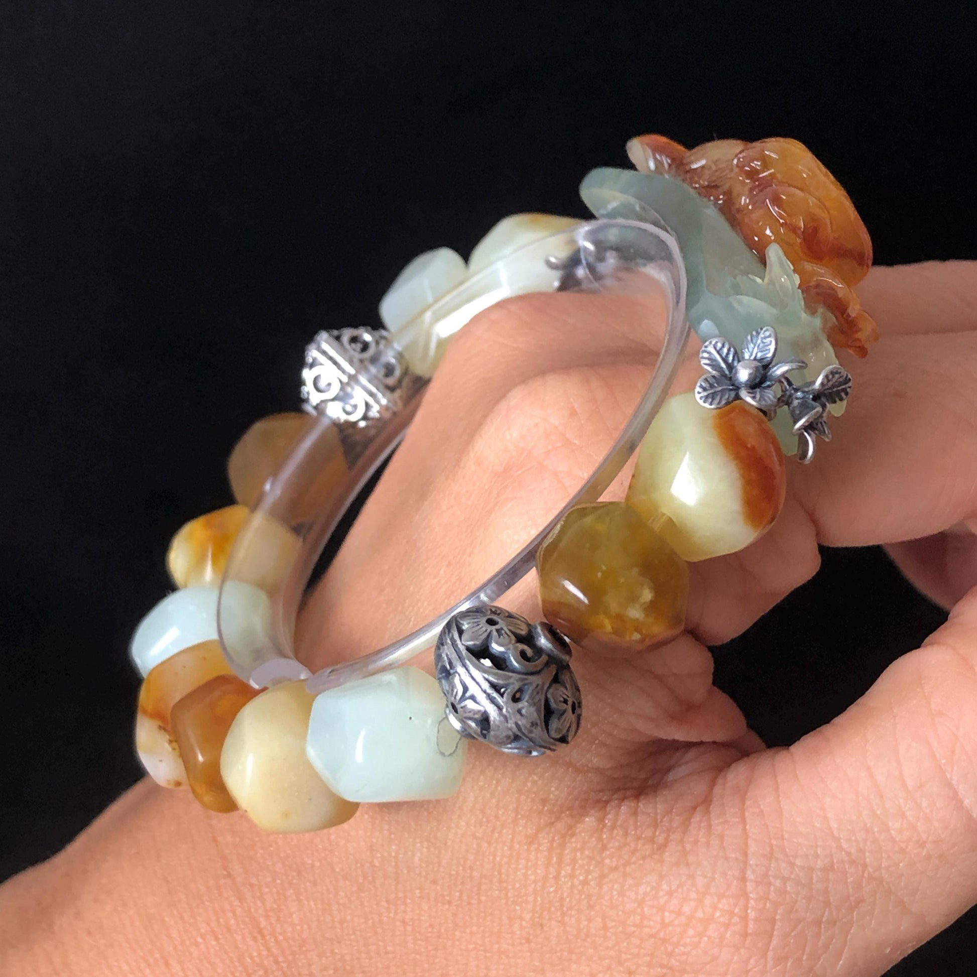 Natural Xiu Jade Serpentine Hand Carved Dog Puppy with Rose Charm with Irregular Bead Bracelet: Handcrafted Caramel Yellow & White Jade Beads with Vintage Tibetan Silver Accessory| Crystal Stone Gemstone Gift for her Multi-coloured Jade customised bracelet hand engraved jade bracelet carved charm carved pendant dog carving puppy bracelet yellow jade brown jade white jade red jade silver bracelet tailor made bracelet personalised diy bracelet untreated jade elastic stretch bracelet dog lover gift