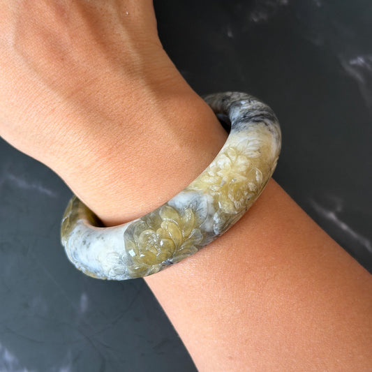 56.4mm Xiu Jade Serpentine Hand Carved Peony Flowers Bangle: Natural Gray White Green  Jade Handcrafted Bracelet, Stone Carving Gemstone Jewelry 
 Gift for her wide jade bangle jade carving hand engraved stone carving natural untreated jade bracelet white jade green jade gray jade handcraft jade peony carving flower carving chinese jade vintage bangle antique bracelet Osmanthus flower antique bangle hand engraved jewelry lotus carving lotus leaves