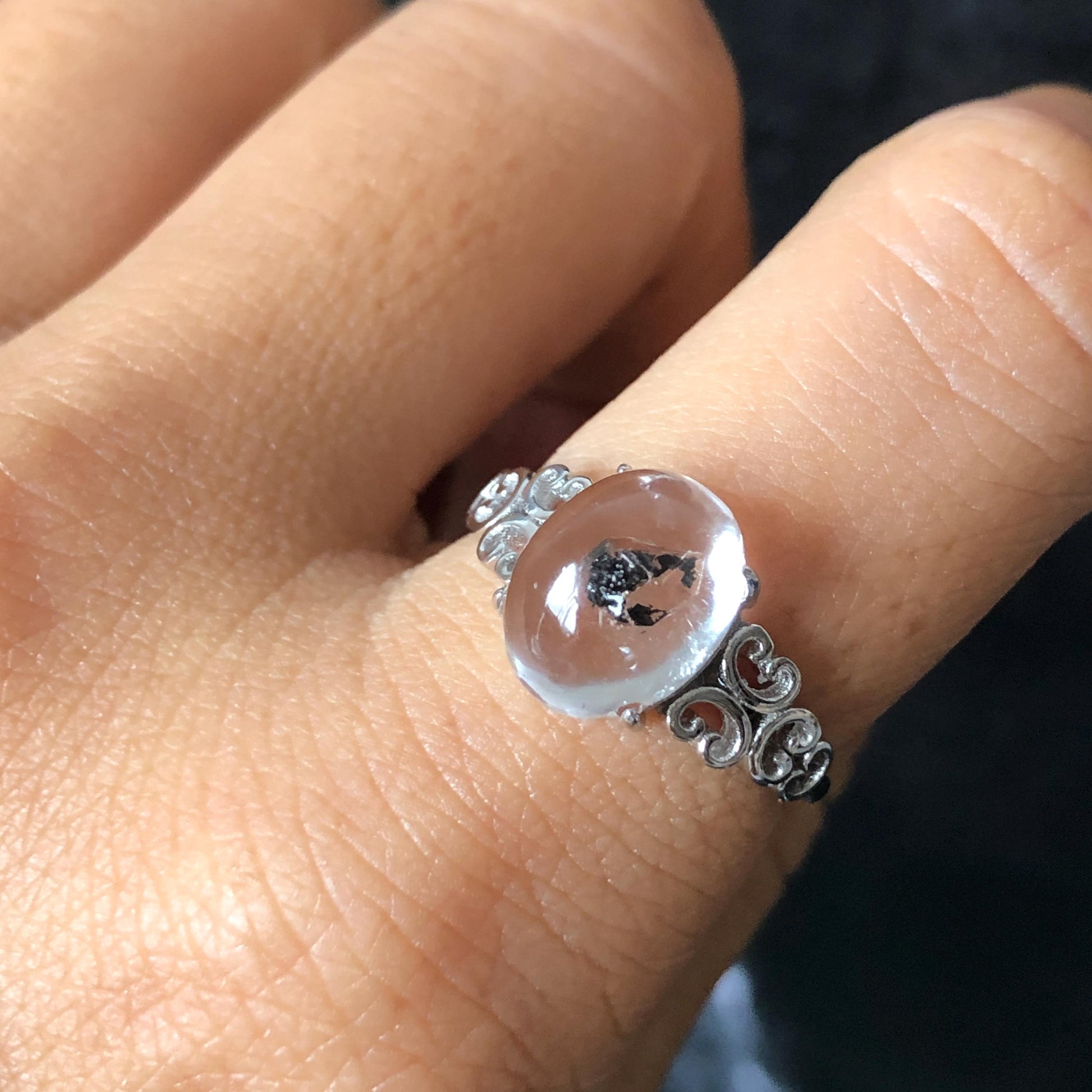 Rare Polished Enhydro Quartz (Herkimer Diamond) S925 Sliver Adjustable Ring: Moving Sand & Black Bubble in Manifestation Quartz, women statement ring crystal band ring crystal cocktail ring crystal stackable ring 7 chakra crystal ring meditation crystal healing stone birthstone silver ring ring for men