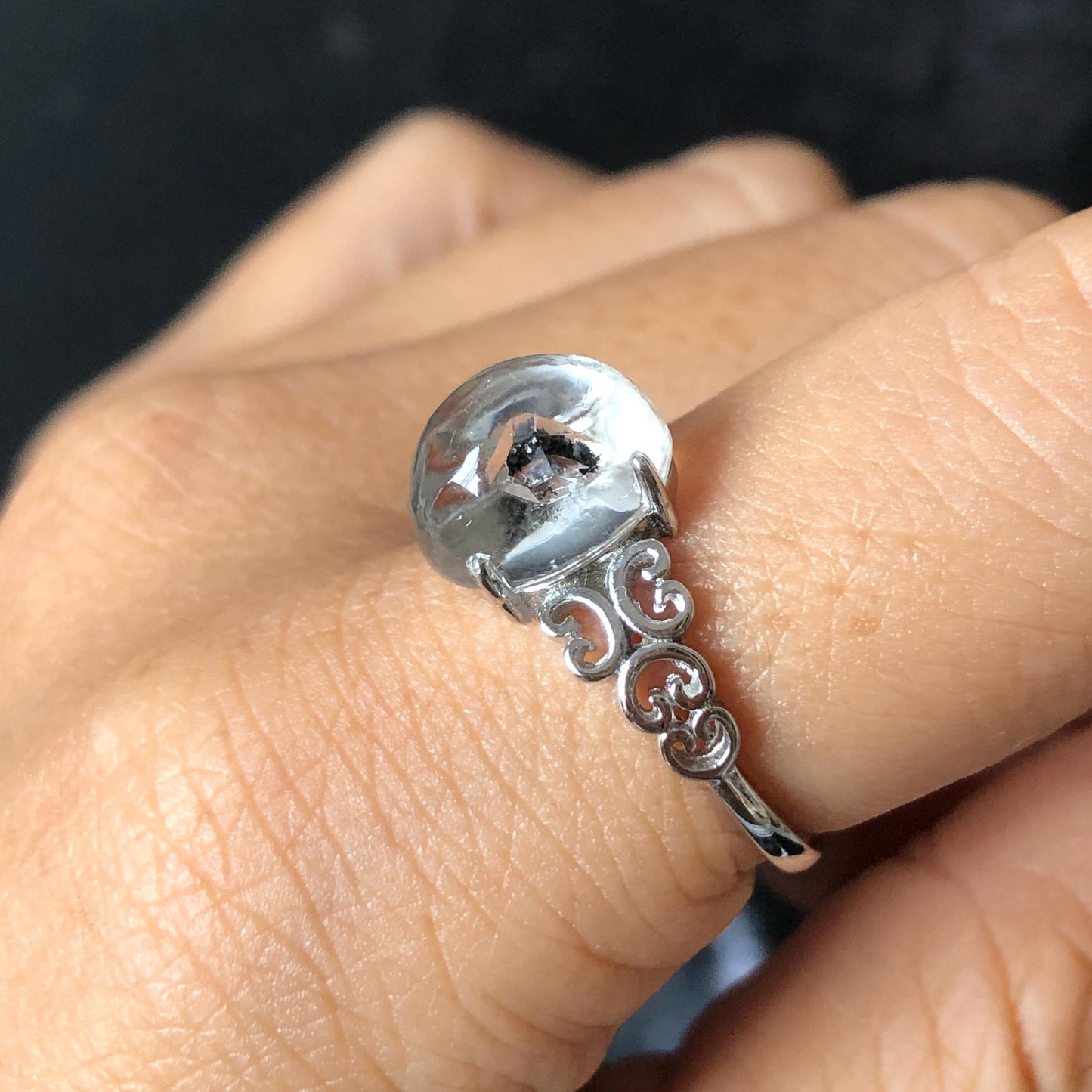 Rare Polished Enhydro Quartz (Herkimer Diamond) S925 Sliver Adjustable Ring: Moving Sand & Black Bubble in Manifestation Quartz, women statement ring crystal band ring crystal cocktail ring crystal stackable ring 7 chakra crystal ring meditation crystal healing stone birthstone silver ring ring for men