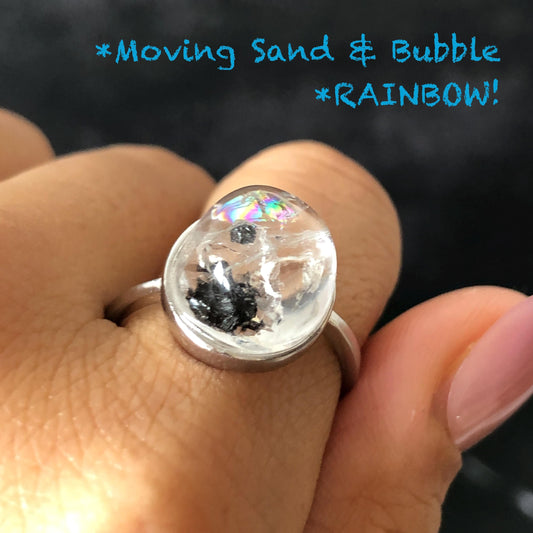 Rare Polished Enhydro Quartz (Herkimer Diamond) S925 Sliver Adjustable Ring: Rainbow! Moving Sand & Black Bubble Statement Ring for Women ring crystal band ring crystal cocktail ring crystal stackable ring 7 chakra crystal ring meditation crystal healing stone birthstone silver ring ring for men rainbow quartz