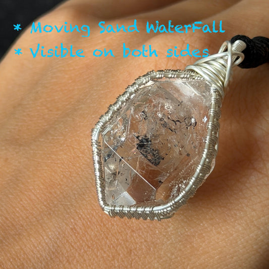 Rare Polished Enhydro Quartz (Herkimer Diamond) Wrapped Wire Pendant Adjustable Necklace | Moving Sand Waterfall | Natural Gemstone Birthstone Gift for her | Natural Gemstone Birthstone Gift for her | Rainbow Quartz Rainbow crystal enhydro quartz sand water-fall pendant necklace choker gemstone charm stone pendant choker polished stone pendant crystal charm birthstone gift for her men necklace chakra crystal purify stone minerals specimen adjustable choker silver wire wrapped pendant