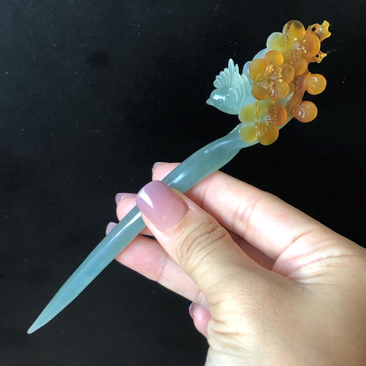 Xiu Jade (Serpentine) Hand Carved Bird & Plum Blossom Flower Hair Pin: Certified Natural Blue & Yellow Jade Hair Stick in Asian Chinese Vintage Style  Gift for her, blue jade carving yellow jade brown jade orange jade bird carving flower carving plum blossom carving hand carved flower hand engraved bird certificate jade certified natural untreated jade korean hairpin japanese hair stick chinese hair comb vinatge hair fork bridal hair clip wedding hair pin engagement hair stick bi-colour jade