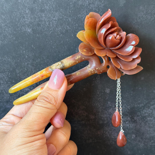Xiu Jade Serpentine Hand Carved Camellia Flower Hair Fork: Certified Natural Red Jade Hairpin, Vintage Hanfu Hair Jewelry Gift for her Bridal Shower gift bridal hair clip wedding headpiece wedding hair jewelry bridal hair accessories red jade carving white jade hand engraved flower hair stick japanese hairpins korean hair stick chinese hair comb vintage hair pins antique hair fork hanfu hair pins certified untreated jade
