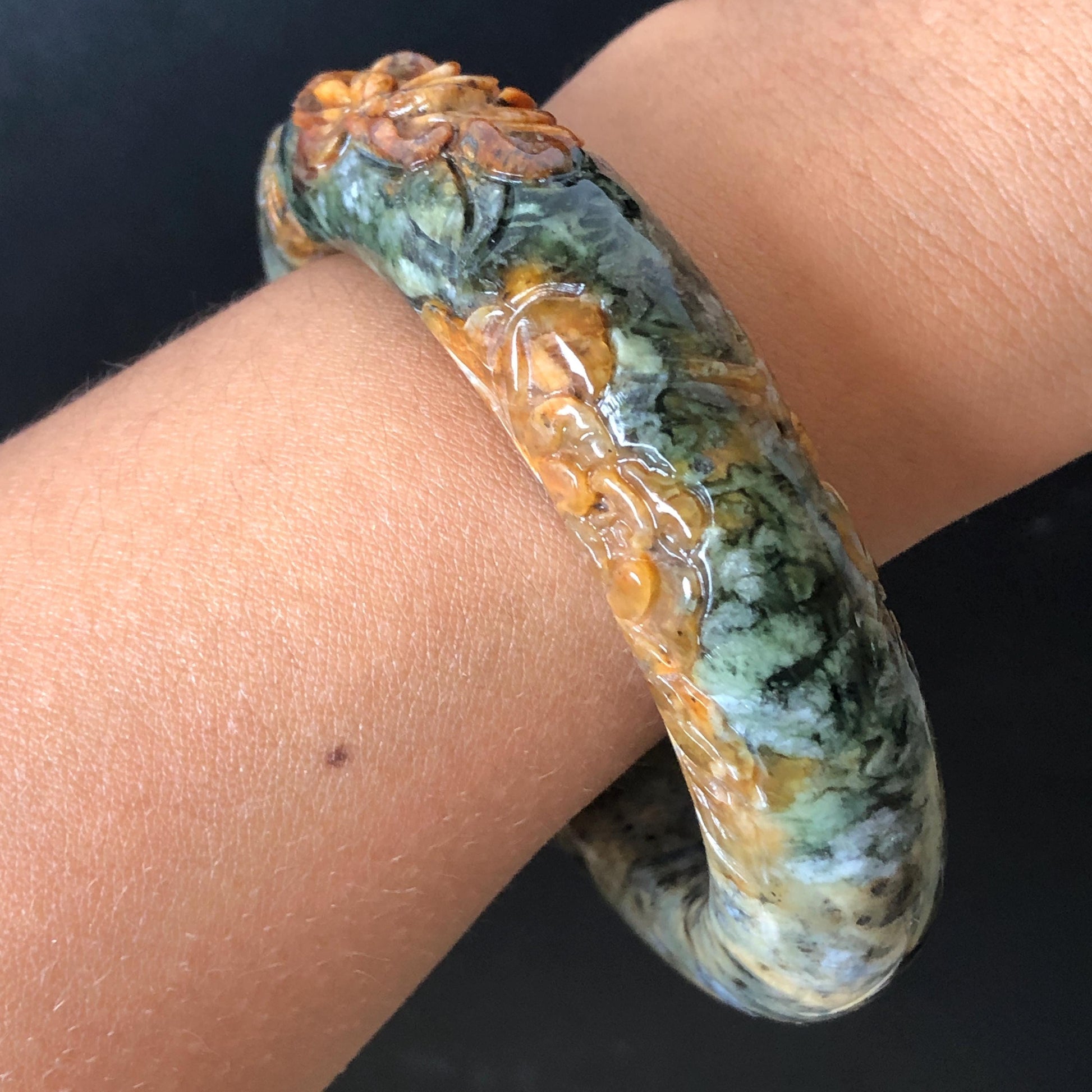 58.7mm Xiu Jade Serpentine Hand Carved Peony Flowers Bangle: Natural Brown Green Jade Handcrafted Bracelet, Stone Carving Gemstone Jewelry Gift for her wide jade bangle jade carving hand engraved stone carving natural untreated jade bracelet green jade yellow jade brown jade handcraft jade peony carving flower carving chinese jade vintage bangle antique bracelet