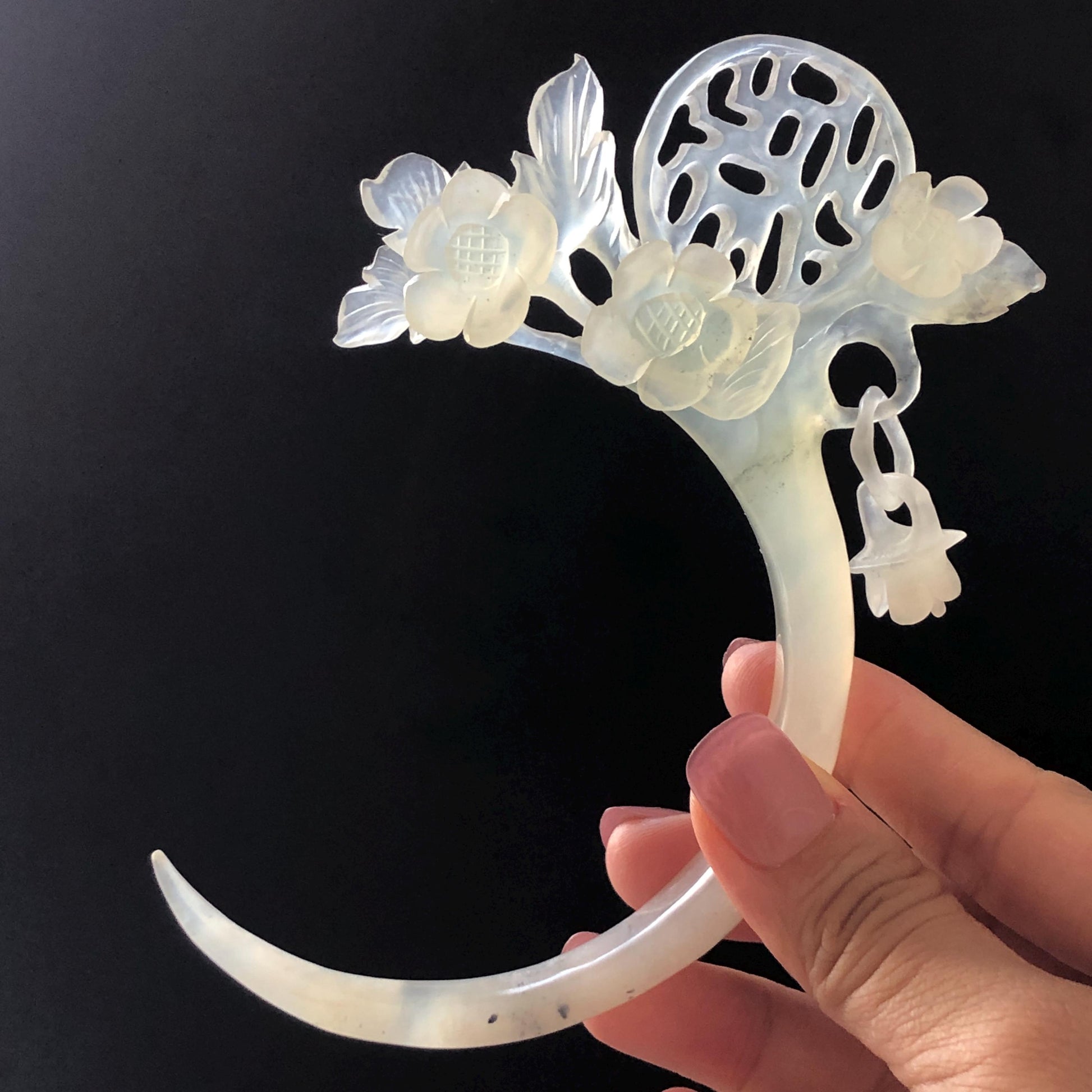 Xiu Jade Serpentine Plum Blossom Hair Stick with Dangle: Certificate White Jade Hand Carved Half Moon Hair Pin Hanfu Vintage Antique Hair Jewelry Hair Fork Vintage Bridal Hair Fork Gift for her japanese hairpin korean hair stick chinese hair fork vintage hair comb antique hair pins hanfu hair stick bridal shower hair jewelry engagement hair accessory jade carving hand engraved jade rose carving jade hairpins untreated natural jade with certificate handcrafted jade stone carving white jade