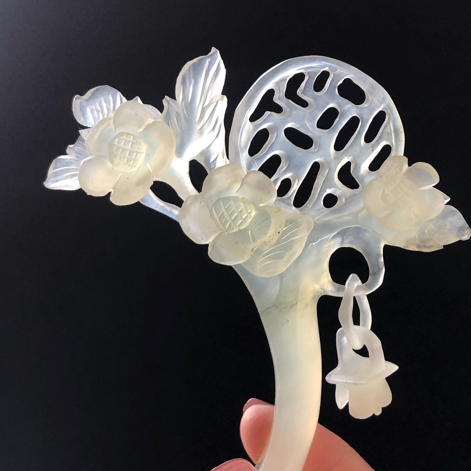 Xiu Jade Serpentine Plum Blossom Hair Stick with Dangle: Certificate White Jade Hand Carved Half Moon Hair Pin Hanfu Vintage Antique Hair Jewelry Hair Fork Vintage Bridal Hair Fork Gift for her japanese hairpin korean hair stick chinese hair fork vintage hair comb antique hair pins hanfu hair stick bridal shower hair jewelry engagement hair accessory jade carving hand engraved jade rose carving jade hairpins untreated natural jade with certificate handcrafted jade stone carving white jade