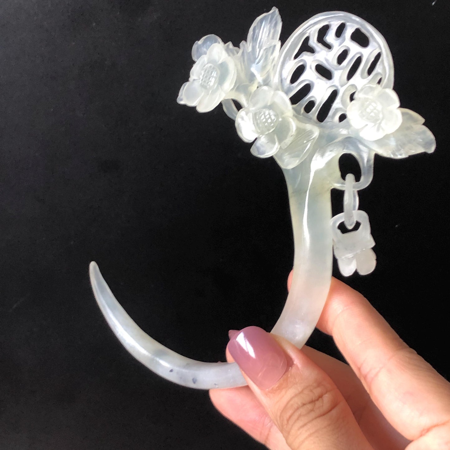 Xiu Jade Serpentine Plum Blossom Hair Stick with Dangle: Certificate White Jade Hand Carved Half Moon Hair Pin Hanfu Vintage Antique Hair Jewelry Hair Fork Vintage Bridal Hair Fork Gift for her japanese hairpin korean hair stick chinese hair fork vintage hair comb antique hair pins hanfu hair stick bridal shower hair jewelry engagement hair accessory jade carving hand engraved jade rose carving jade hairpins untreated natural jade with certificate handcrafted jade stone carving white jade