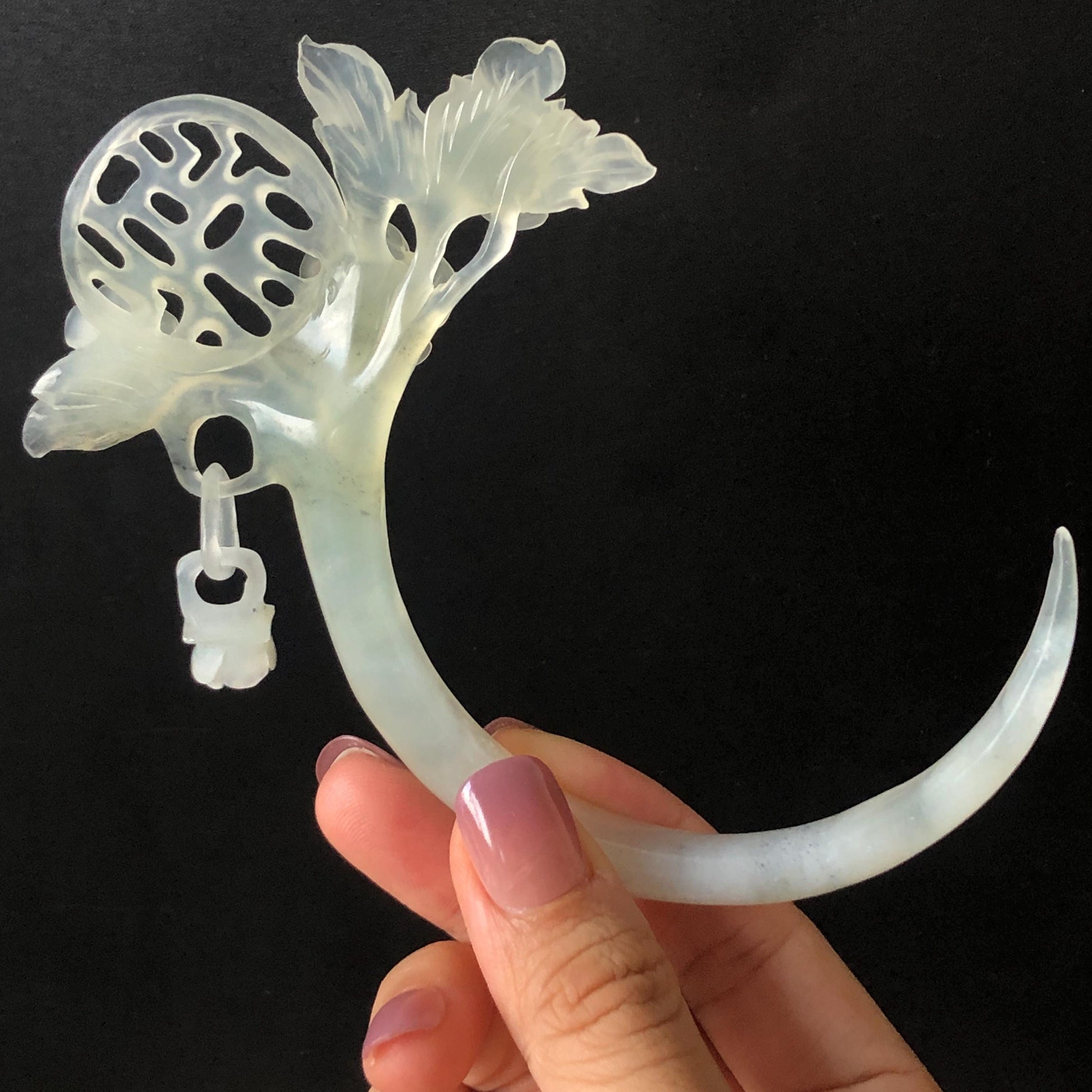 Xiu Jade Serpentine Plum Blossom Hair Stick with Dangle: Certificate White Jade Hand Carved Half Moon Hair Pin Hanfu Vintage Antique Hair Jewelry Hair Fork Vintage Bridal Hair Fork Gift for her japanese hairpin korean hair stick chinese hair fork vintage hair comb antique hair pins hanfu hair stick bridal shower hair jewelry engagement hair accessory jade carving hand engraved jade rose carving jade hairpins untreated natural jade with certificate handcrafted jade stone carving white jade