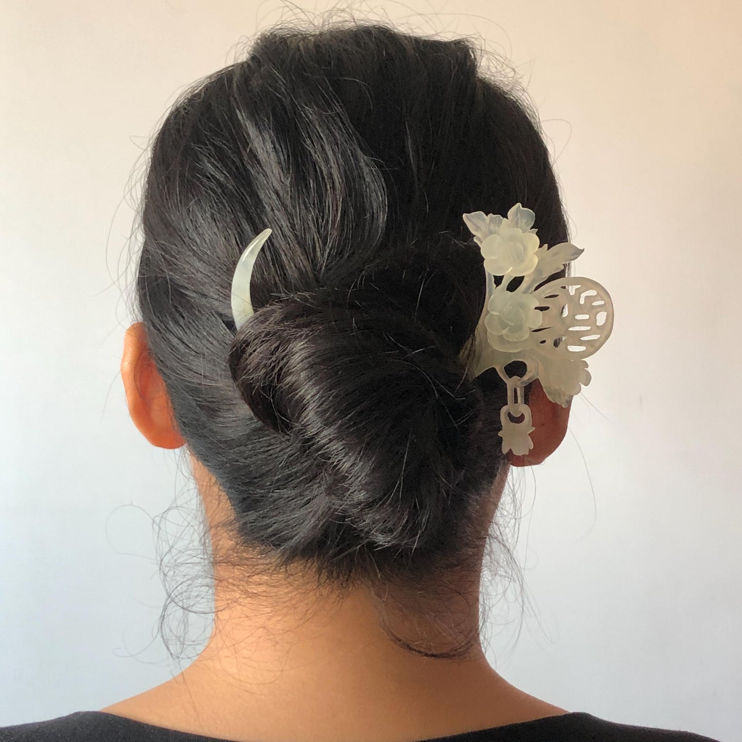 Xiu Jade Serpentine Plum Blossom Hair Stick with Dangle: Certificate White Jade Hand Carved Half Moon Hair Pin Hanfu Vintage Antique Hair Jewelry Hair Fork Vintage Bridal Hair Fork Gift for her japanese hairpin korean hair stick chinese hair fork vintage hair comb antique hair pins hanfu hair stick bridal shower hair jewelry engagement hair accessory jade carving hand engraved jade rose carving jade hairpins untreated natural jade with certificate handcrafted jade stone carving white jade